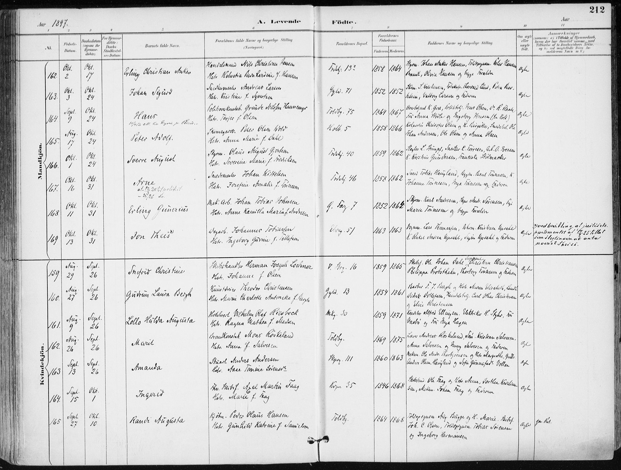 Kristiansand domprosti, SAK/1112-0006/F/Fa/L0019: Parish register (official) no. A 18, 1890-1897, p. 212