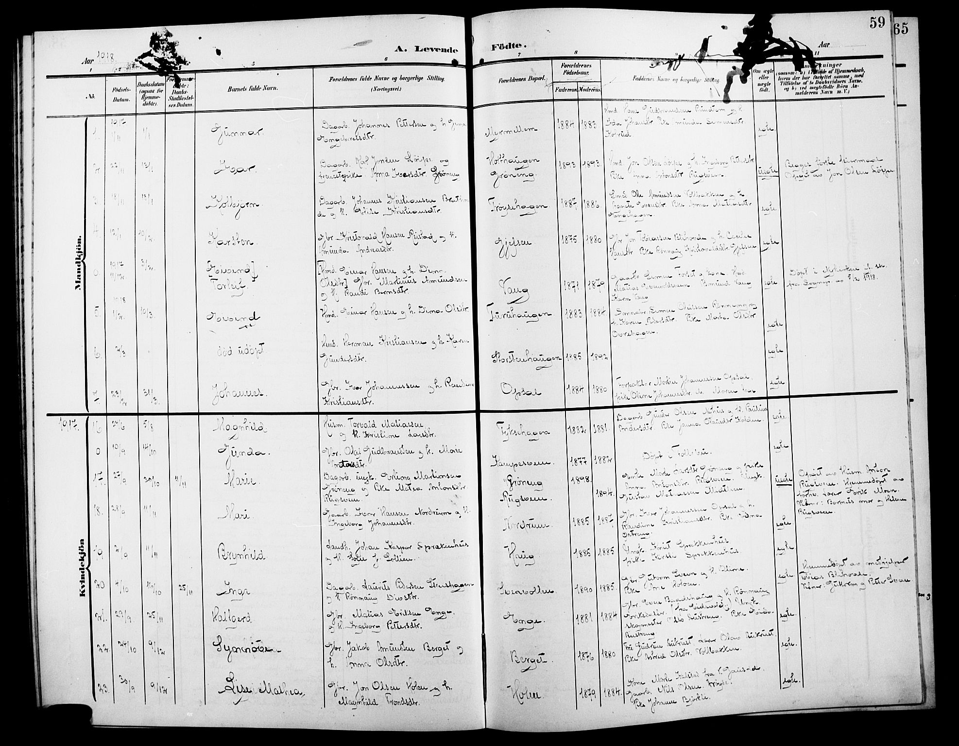 Østre Gausdal prestekontor, SAH/PREST-092/H/Ha/Hab/L0004: Parish register (copy) no. 4, 1905-1923, p. 59