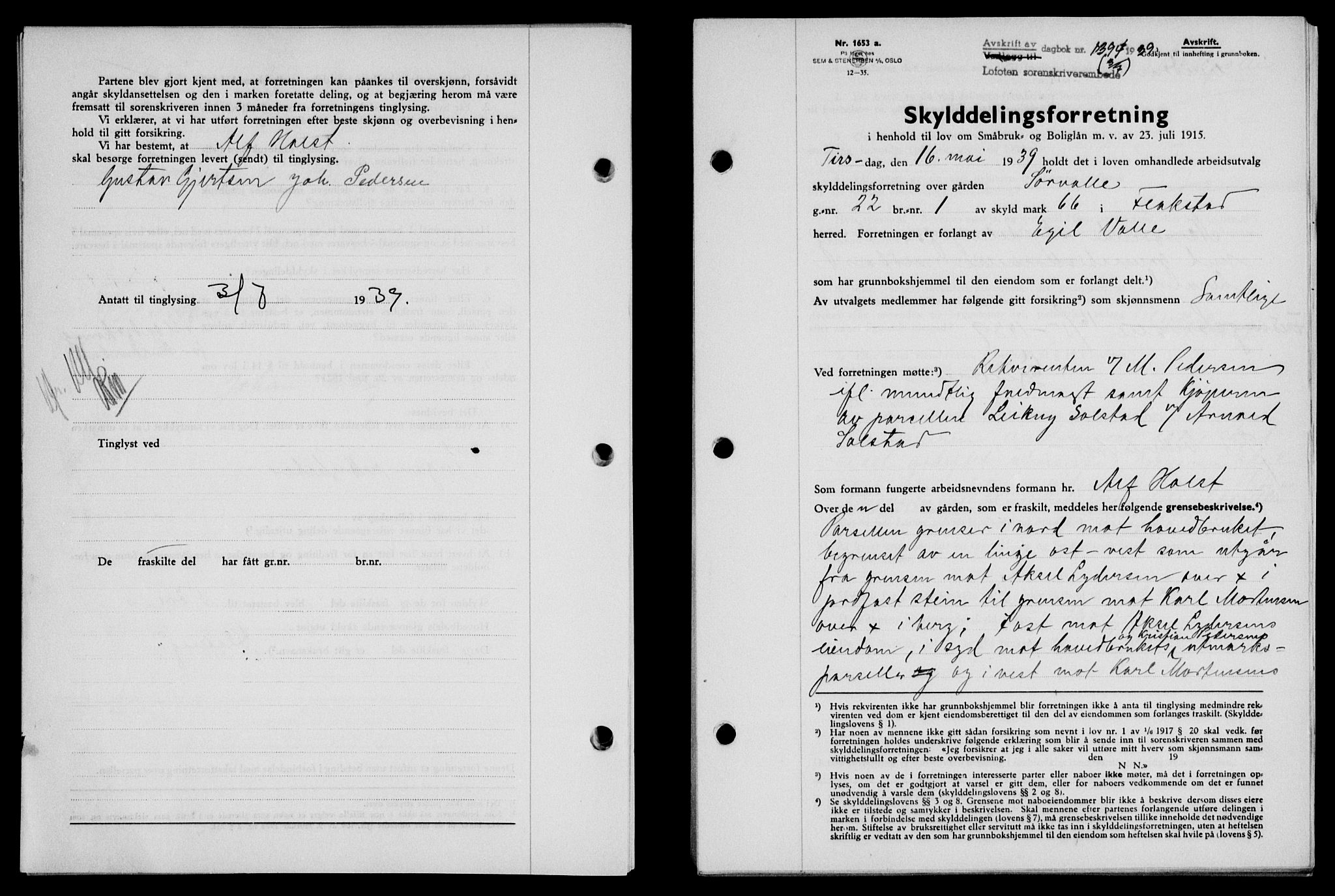 Lofoten sorenskriveri, SAT/A-0017/1/2/2C/L0006a: Mortgage book no. 6a, 1939-1939, Diary no: : 1394/1939