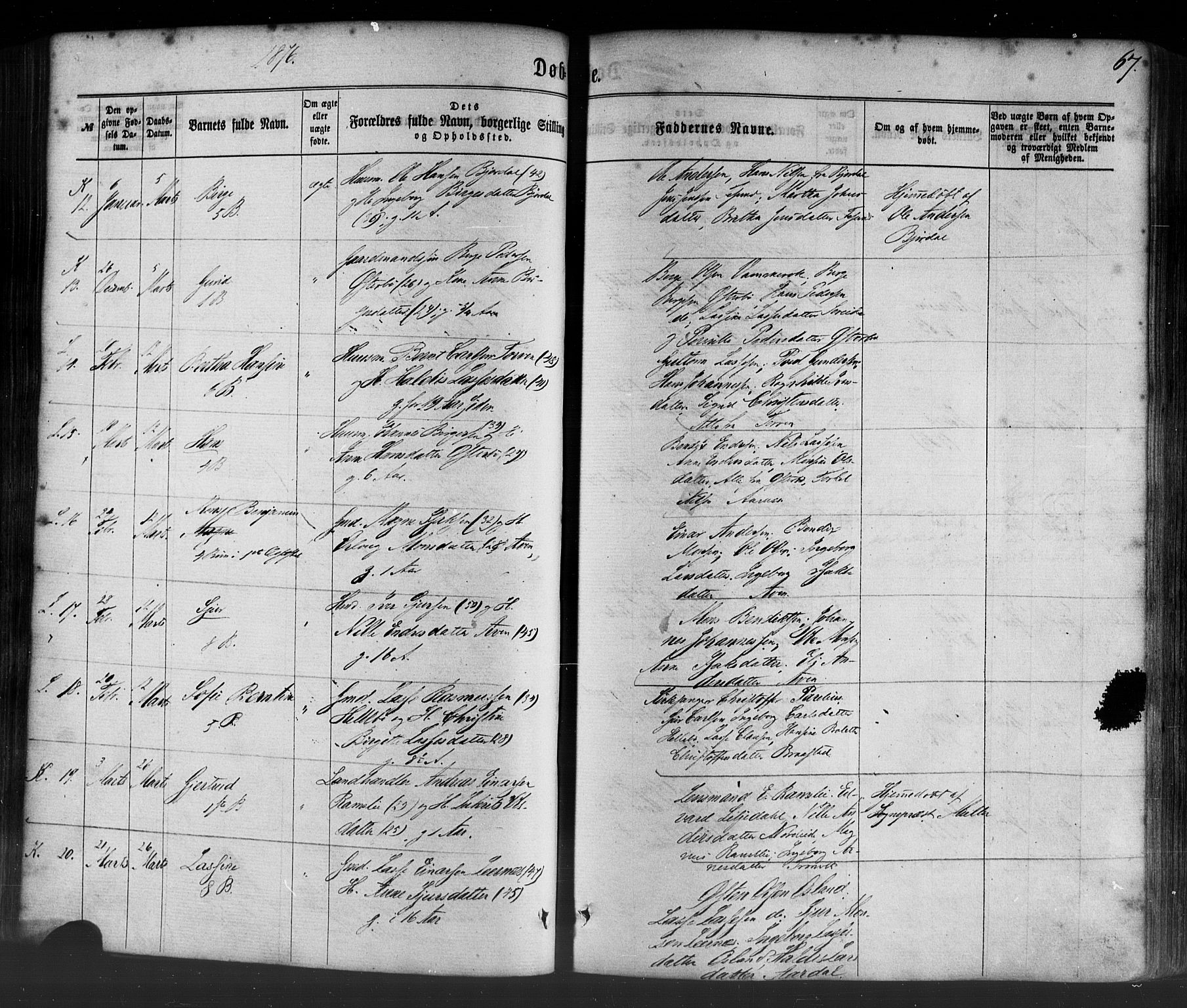 Lavik sokneprestembete, AV/SAB-A-80901: Parish register (official) no. A 4, 1864-1881, p. 67