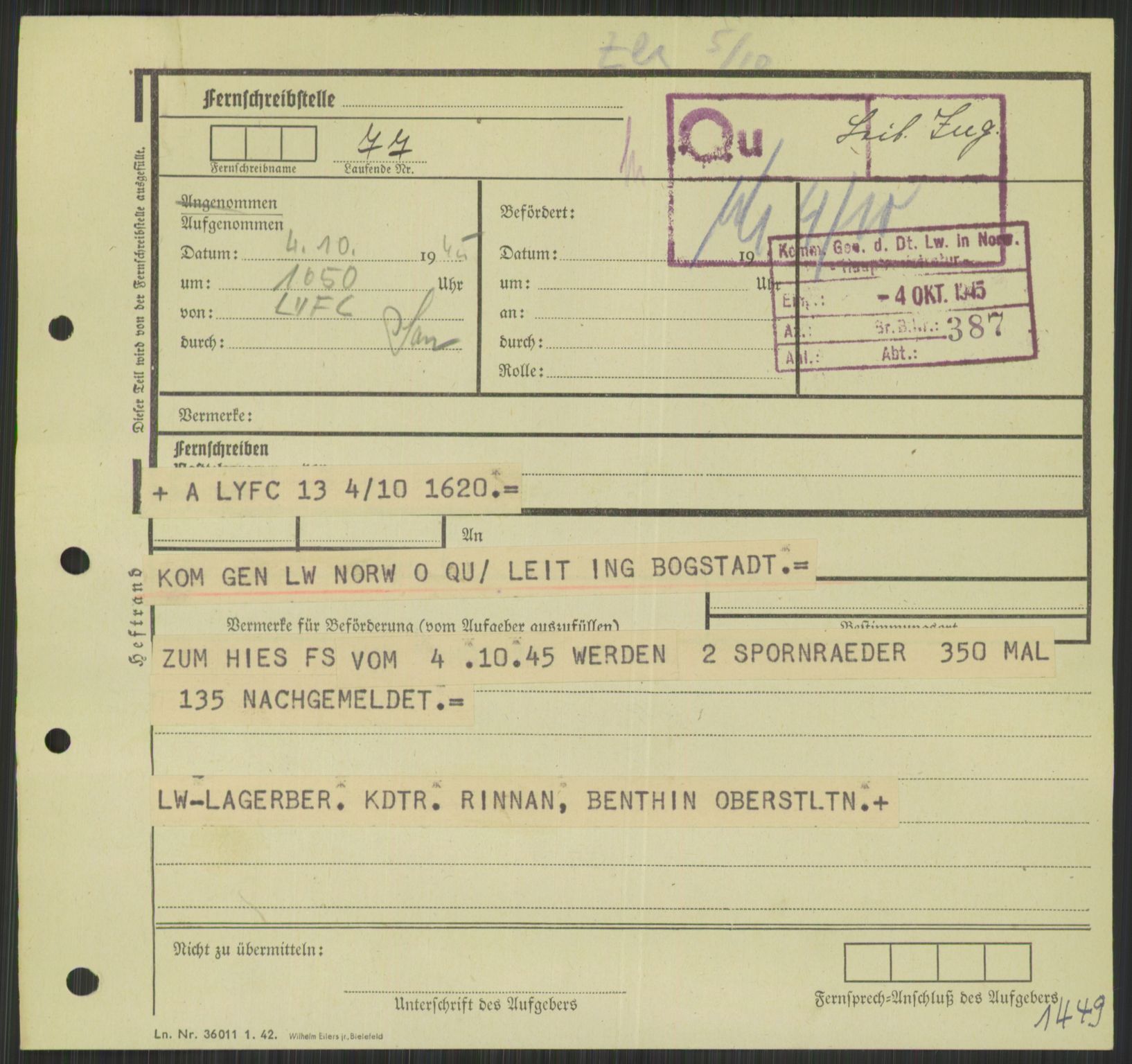 Deutscher Oberbefehlshaber Norwegen (DOBN), AV/RA-RAFA-2197/D/Di/L0066: AOK 20/WBN-DOBN Luftwaffe/Komm G. d.Dt.Lw. in Norwegen, 1945, p. 829