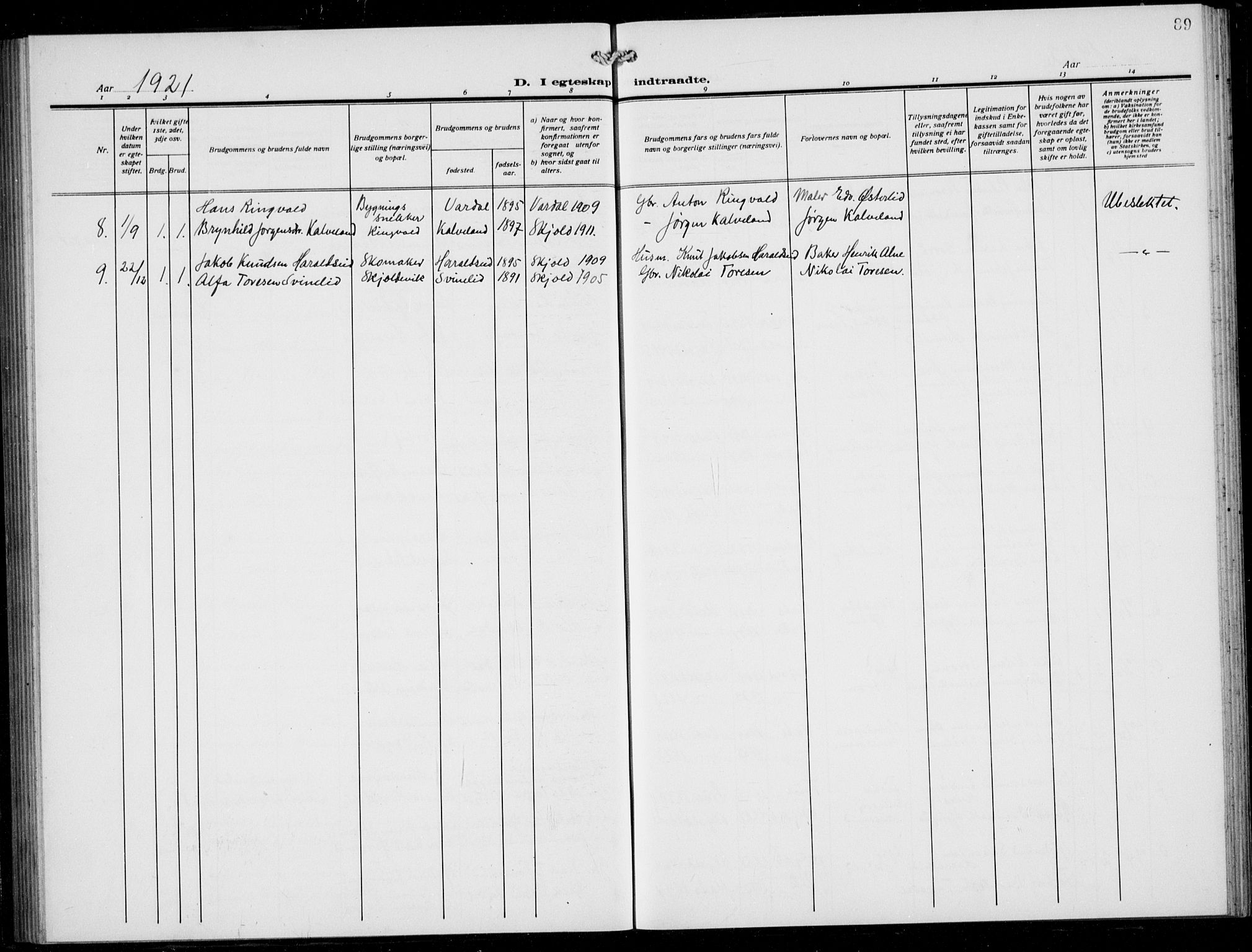 Skjold sokneprestkontor, SAST/A-101847/H/Ha/Hab/L0010: Parish register (copy) no. B 10, 1921-1941, p. 89