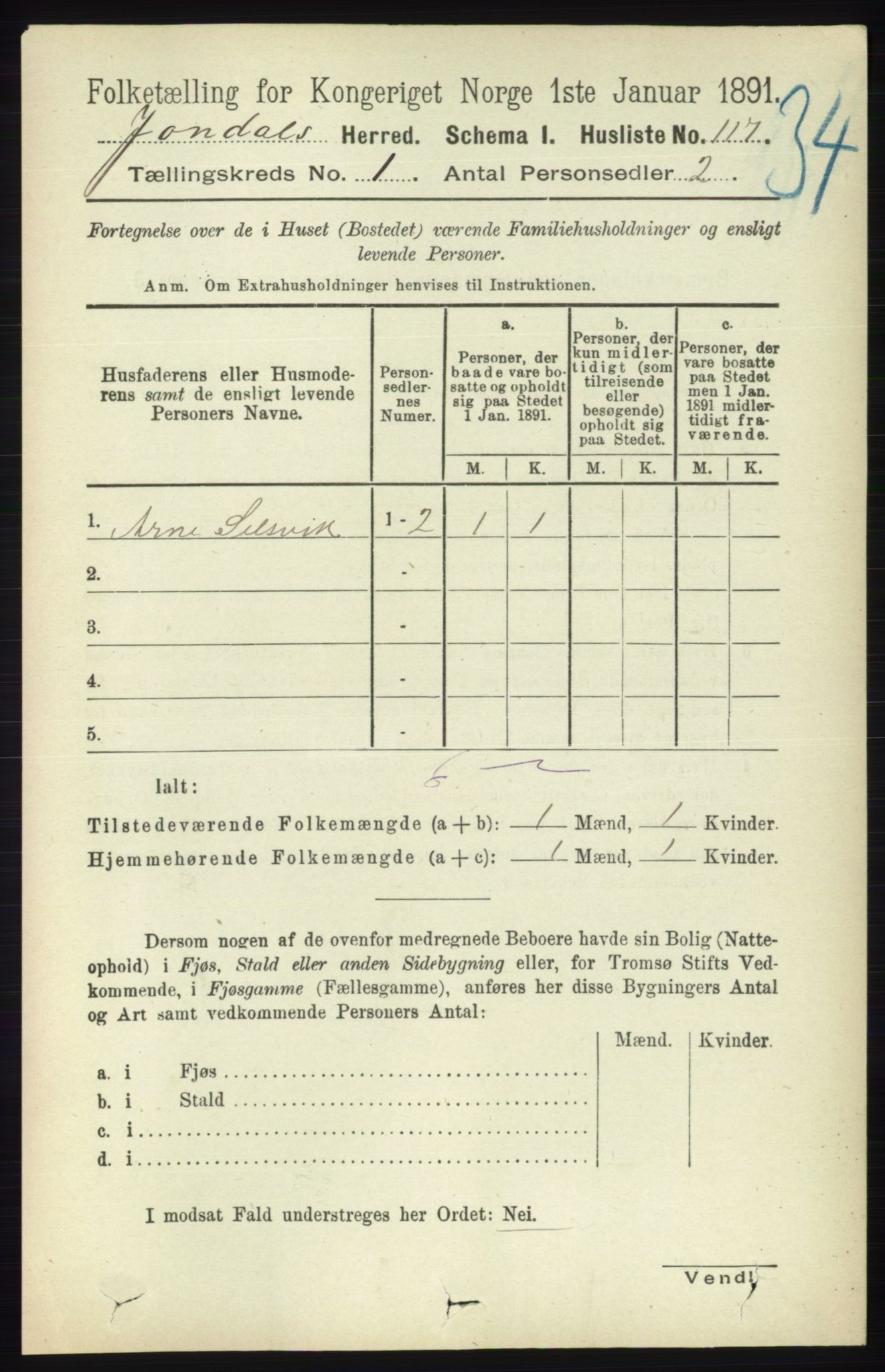 RA, 1891 census for 1227 Jondal, 1891, p. 133