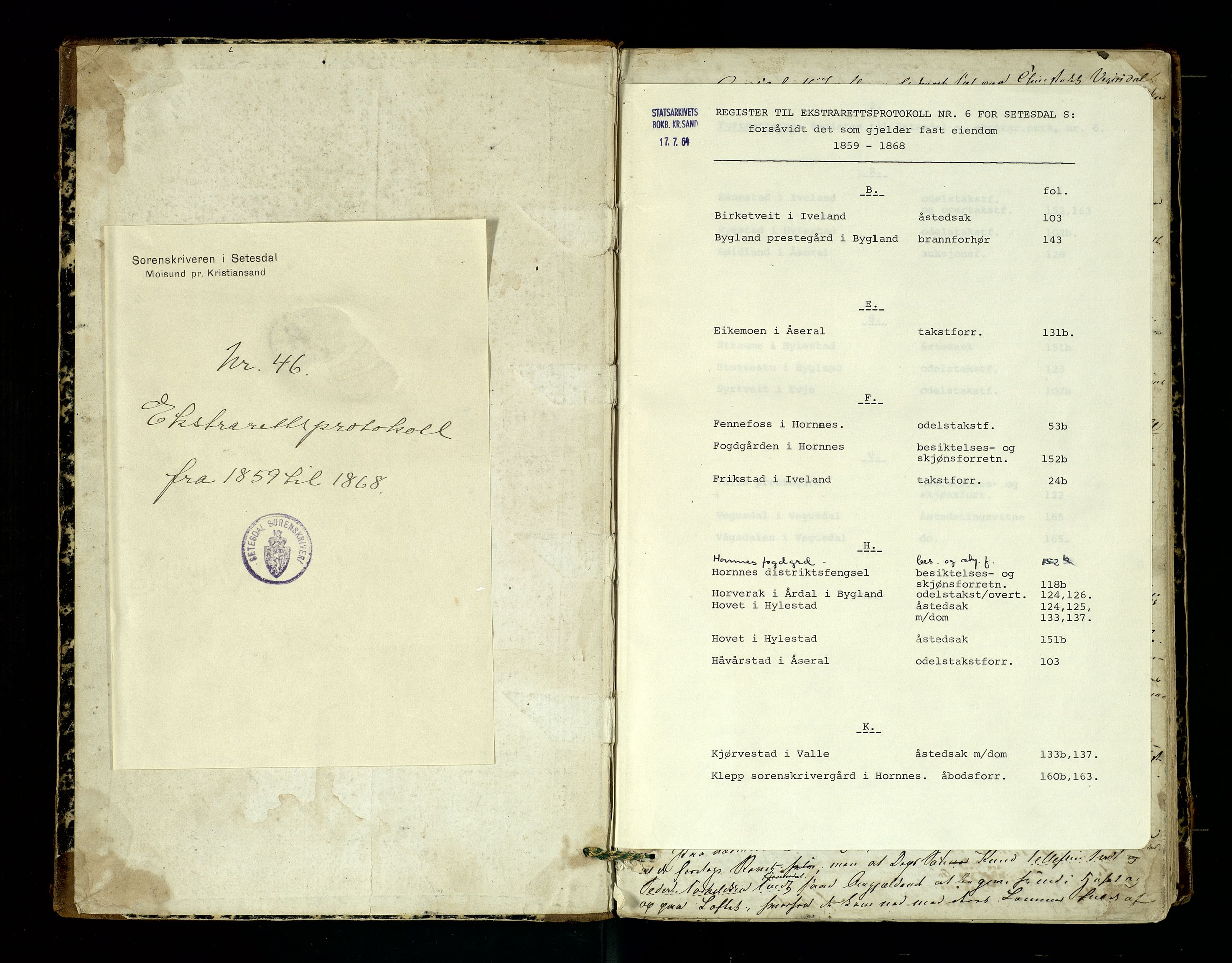 Setesdal sorenskriveri, SAK/1221-0011/F/Fb/L0006: Ekstrarettsprotokoll nr 6, 1859-1868