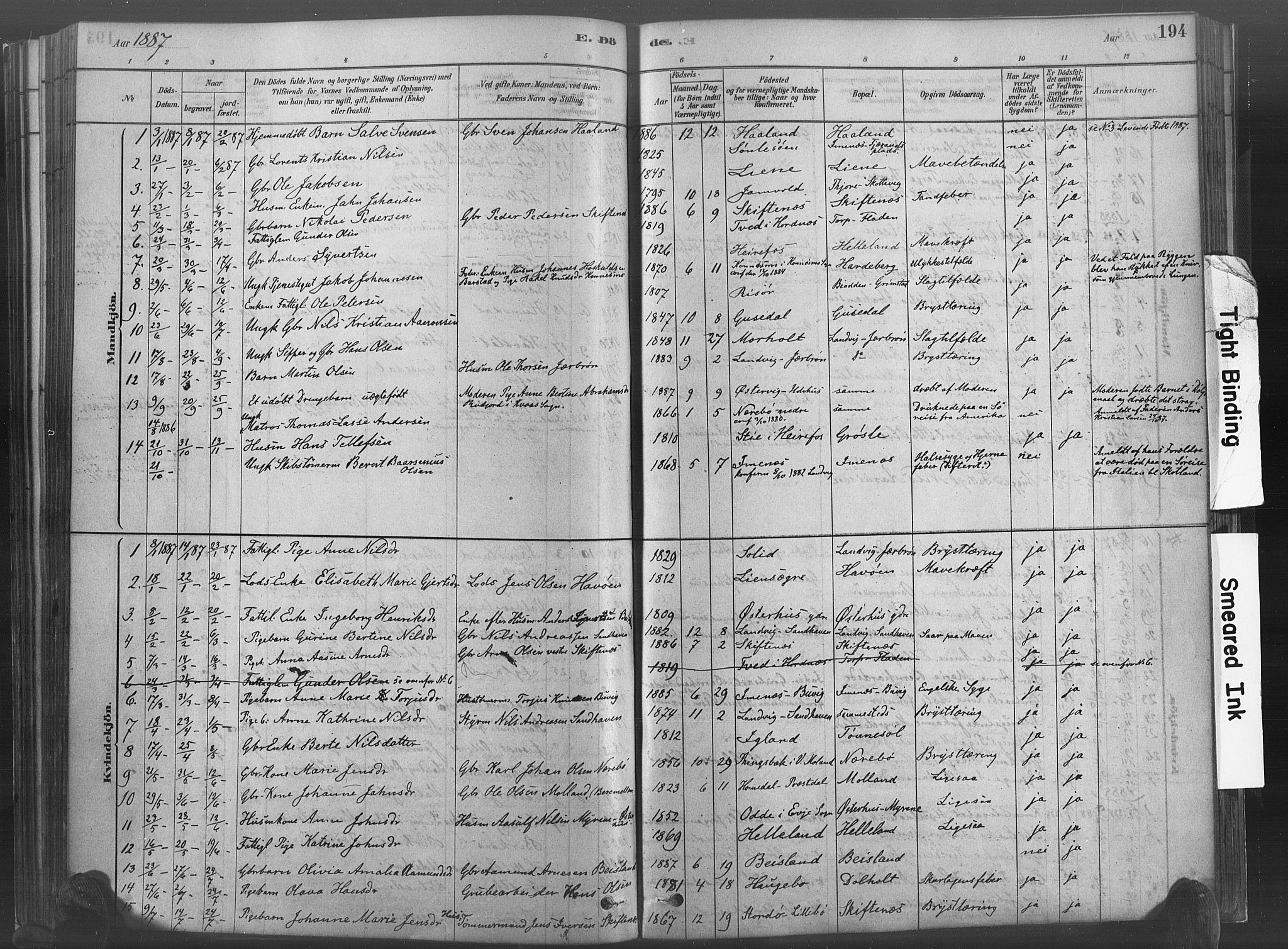 Hommedal sokneprestkontor, SAK/1111-0023/F/Fa/Fab/L0006: Parish register (official) no. A 6, 1878-1897, p. 194