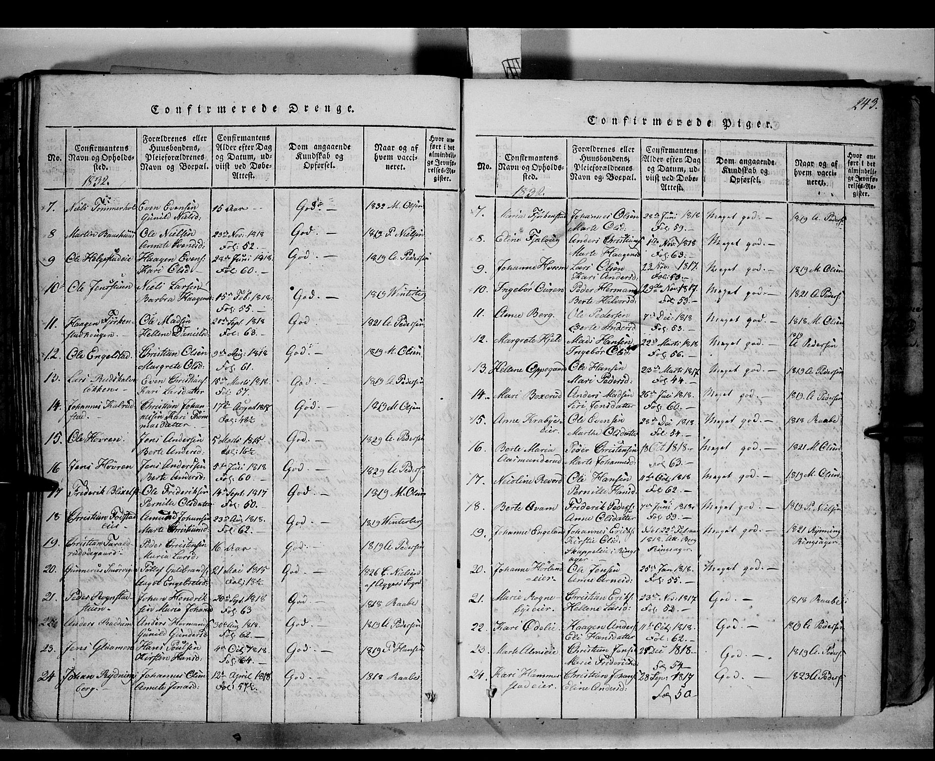 Østre Toten prestekontor, AV/SAH-PREST-104/H/Ha/Haa/L0001: Parish register (official) no. 1, 1828-1839, p. 243