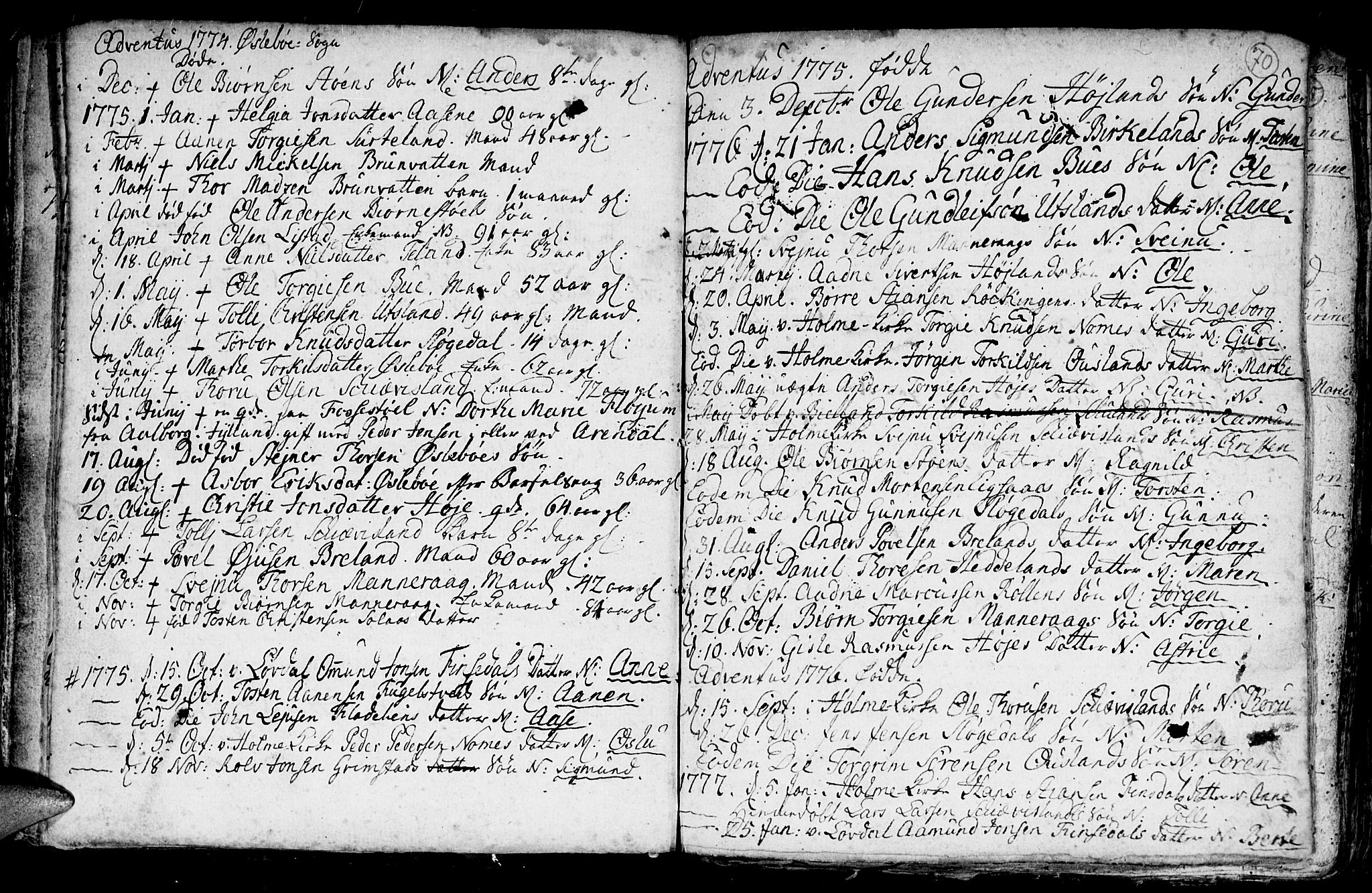 Holum sokneprestkontor, AV/SAK-1111-0022/F/Fb/Fba/L0001: Parish register (copy) no. B 1 /2, 1770-1802, p. 70