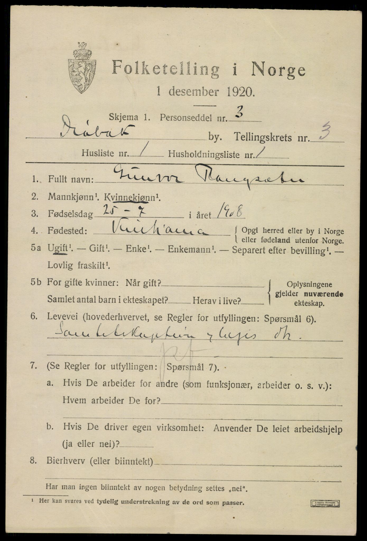 SAO, 1920 census for Drøbak, 1920, p. 3359