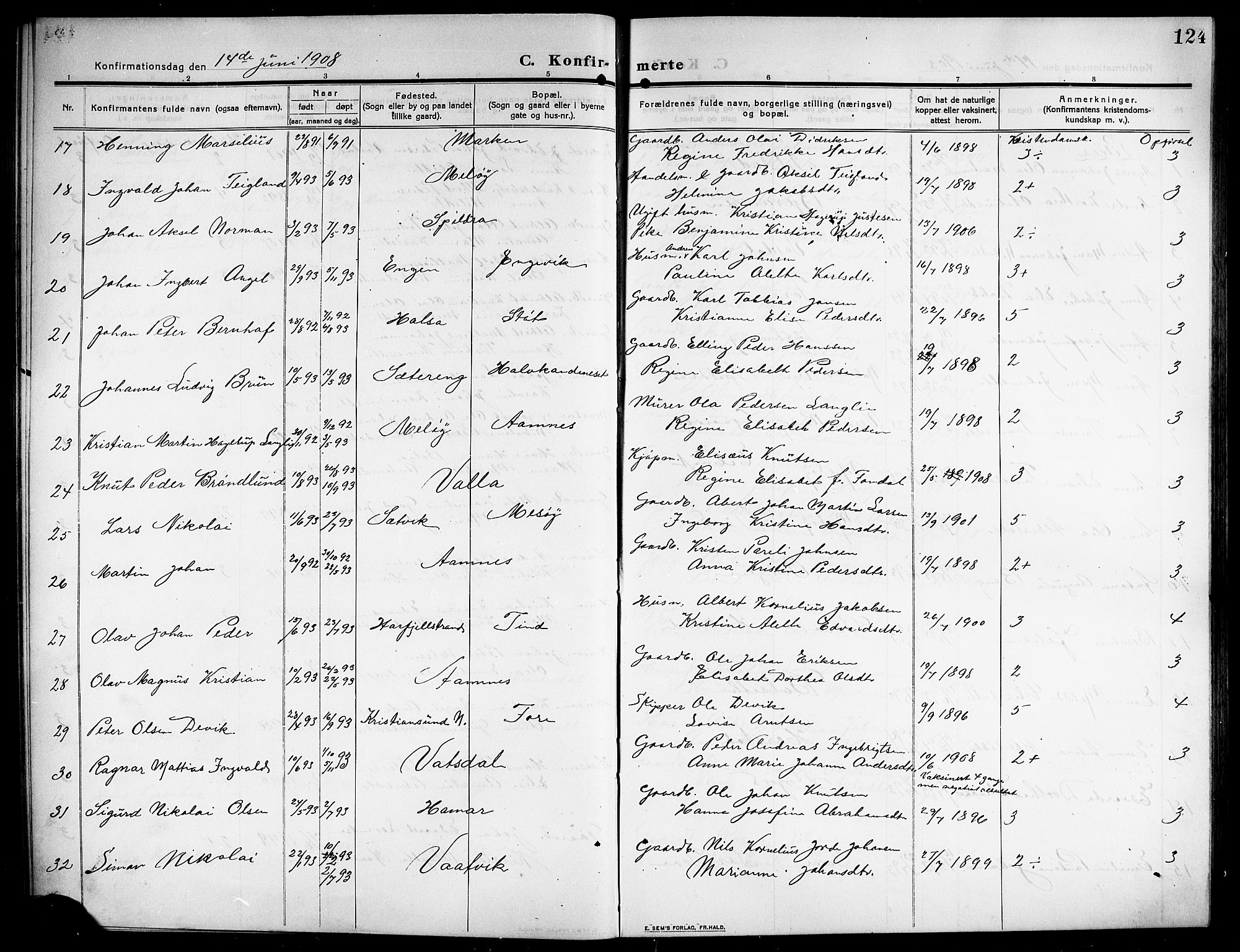 Ministerialprotokoller, klokkerbøker og fødselsregistre - Nordland, SAT/A-1459/843/L0639: Parish register (copy) no. 843C08, 1908-1924, p. 124