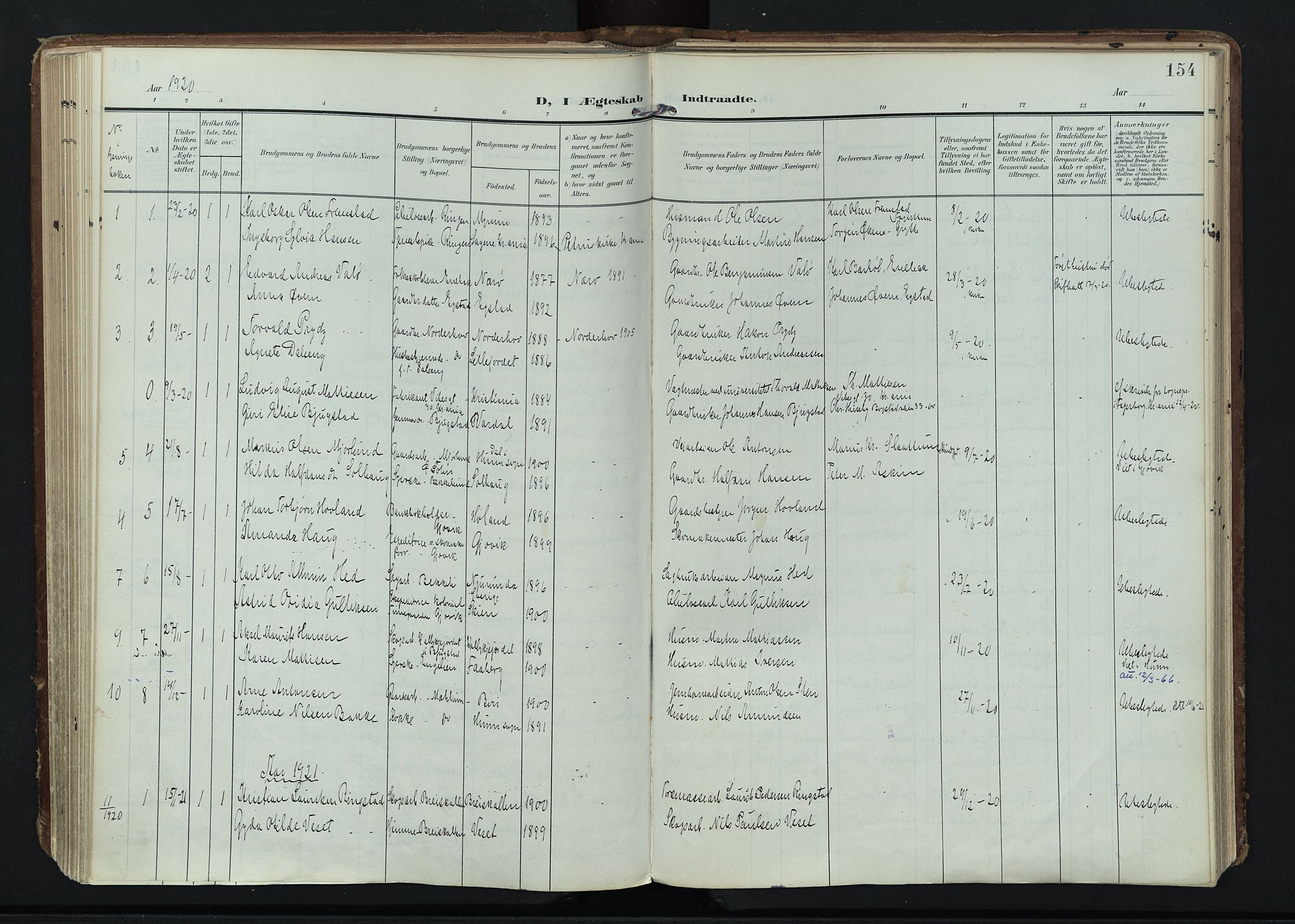 Vardal prestekontor, AV/SAH-PREST-100/H/Ha/Haa/L0020: Parish register (official) no. 20, 1907-1921, p. 154