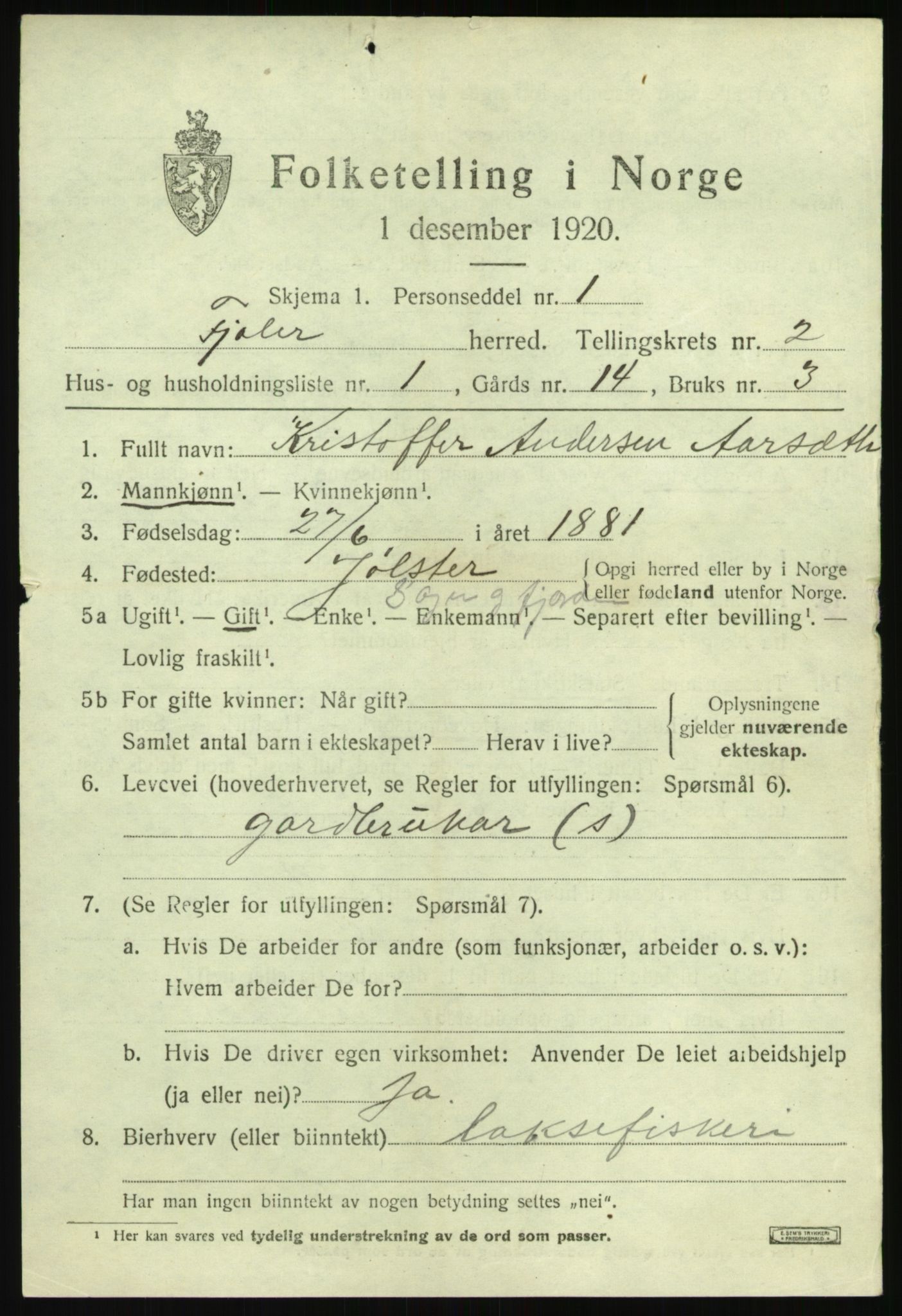 SAB, 1920 census for Fjaler, 1920, p. 1813