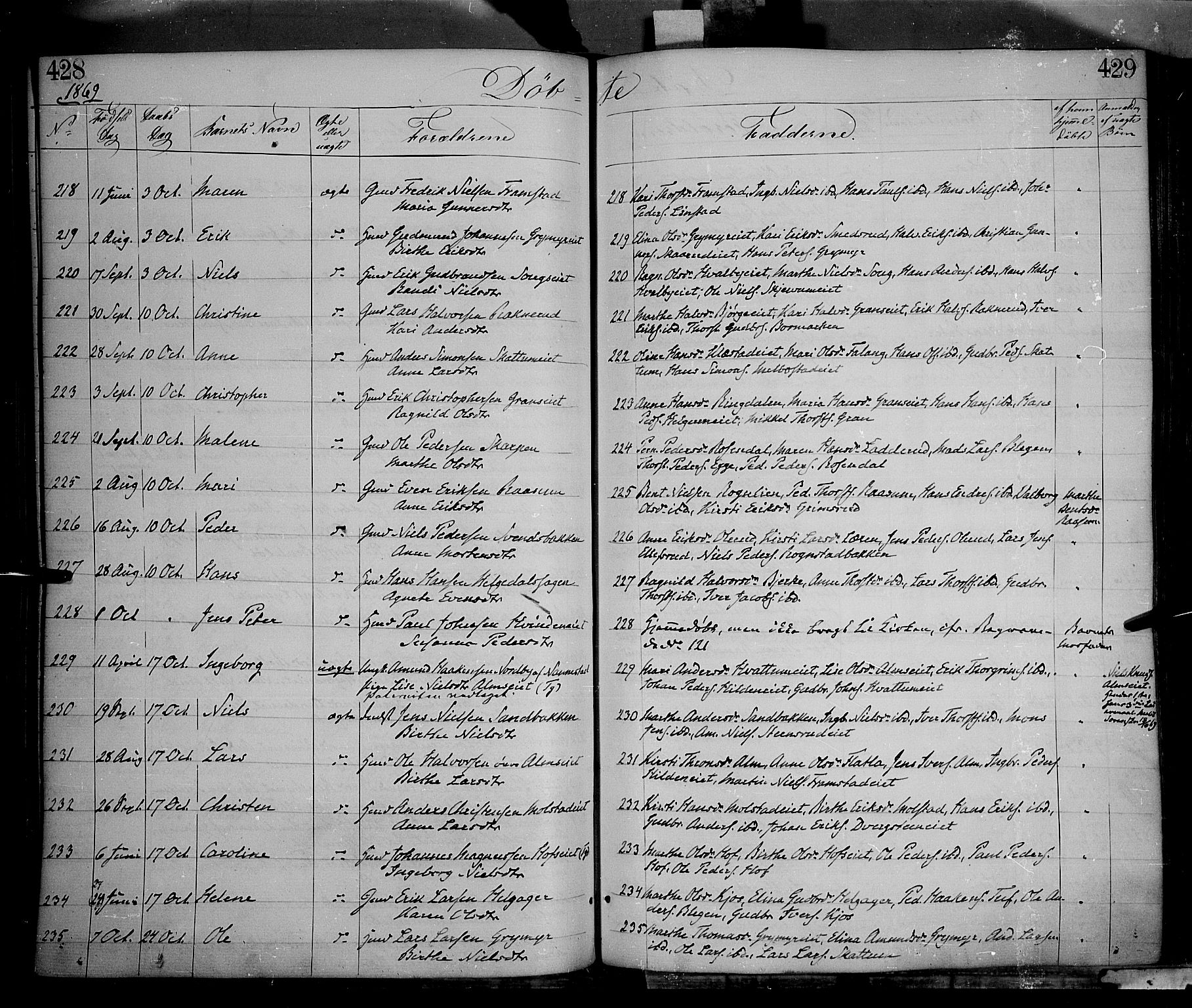 Gran prestekontor, AV/SAH-PREST-112/H/Ha/Haa/L0012: Parish register (official) no. 12, 1856-1874, p. 428-429