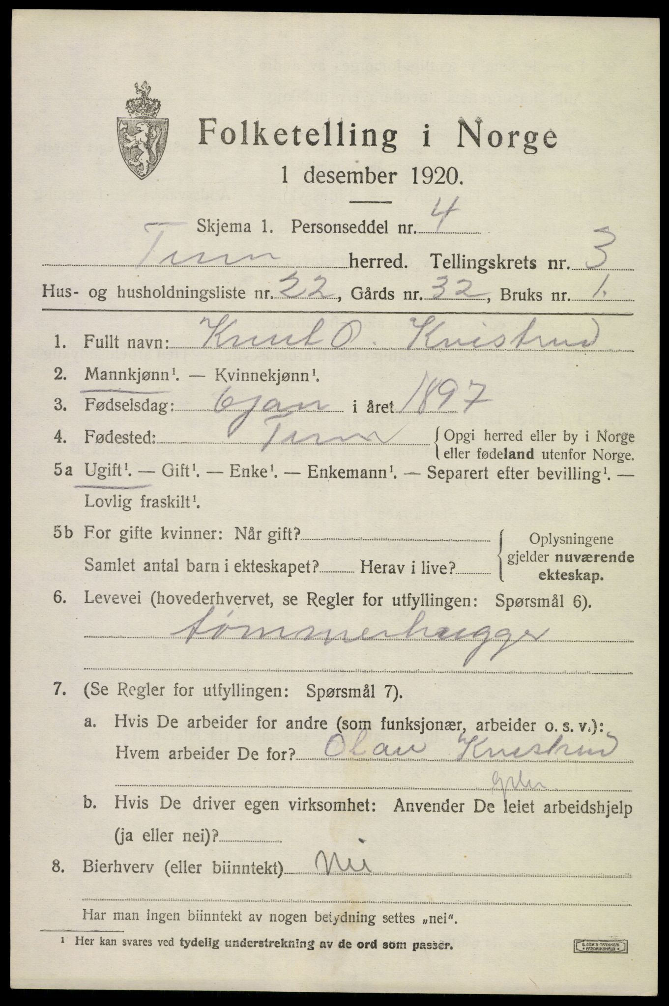 SAKO, 1920 census for Tinn, 1920, p. 3516