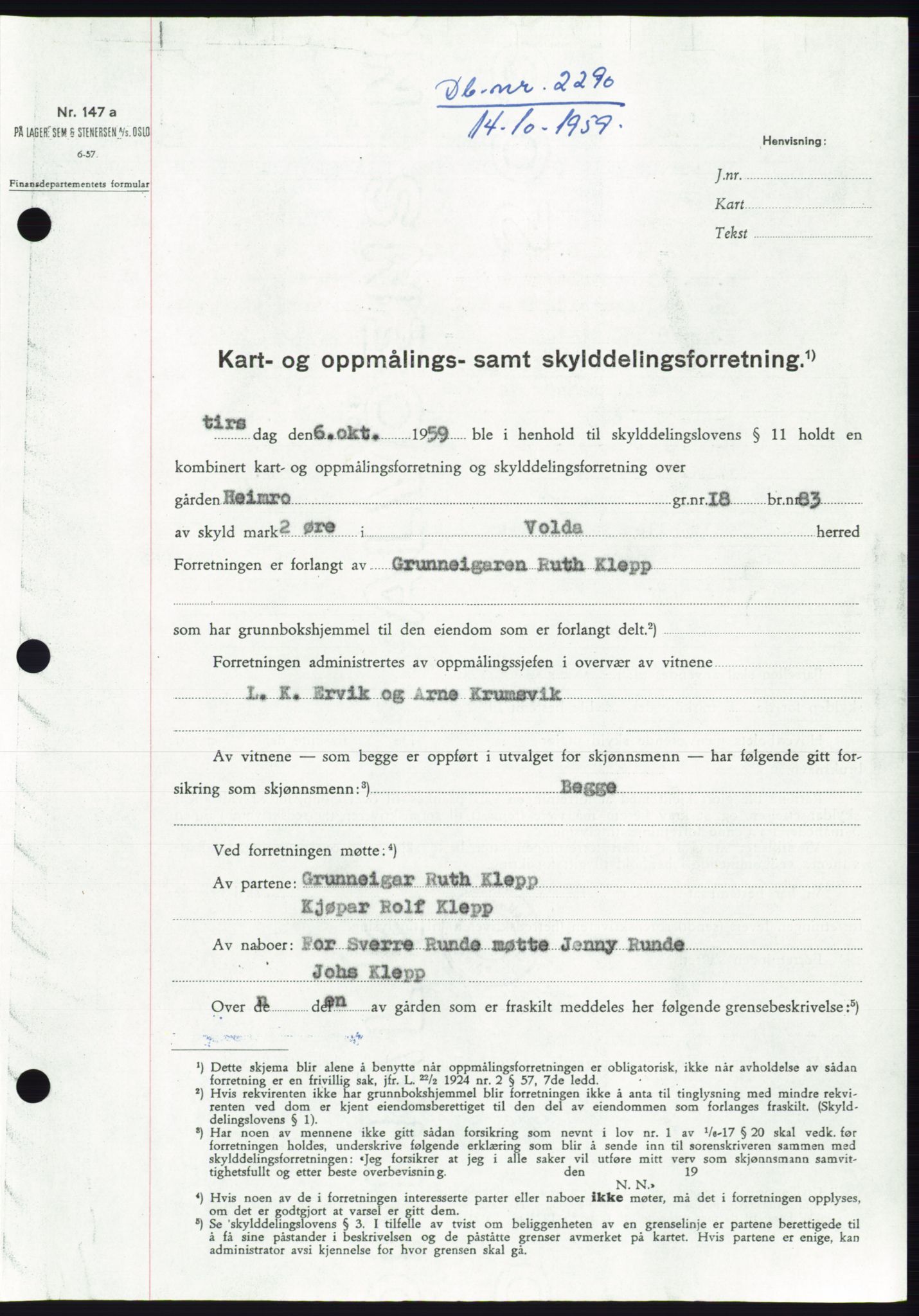 Søre Sunnmøre sorenskriveri, AV/SAT-A-4122/1/2/2C/L0113: Mortgage book no. 39A, 1959-1959, Diary no: : 2290/1959