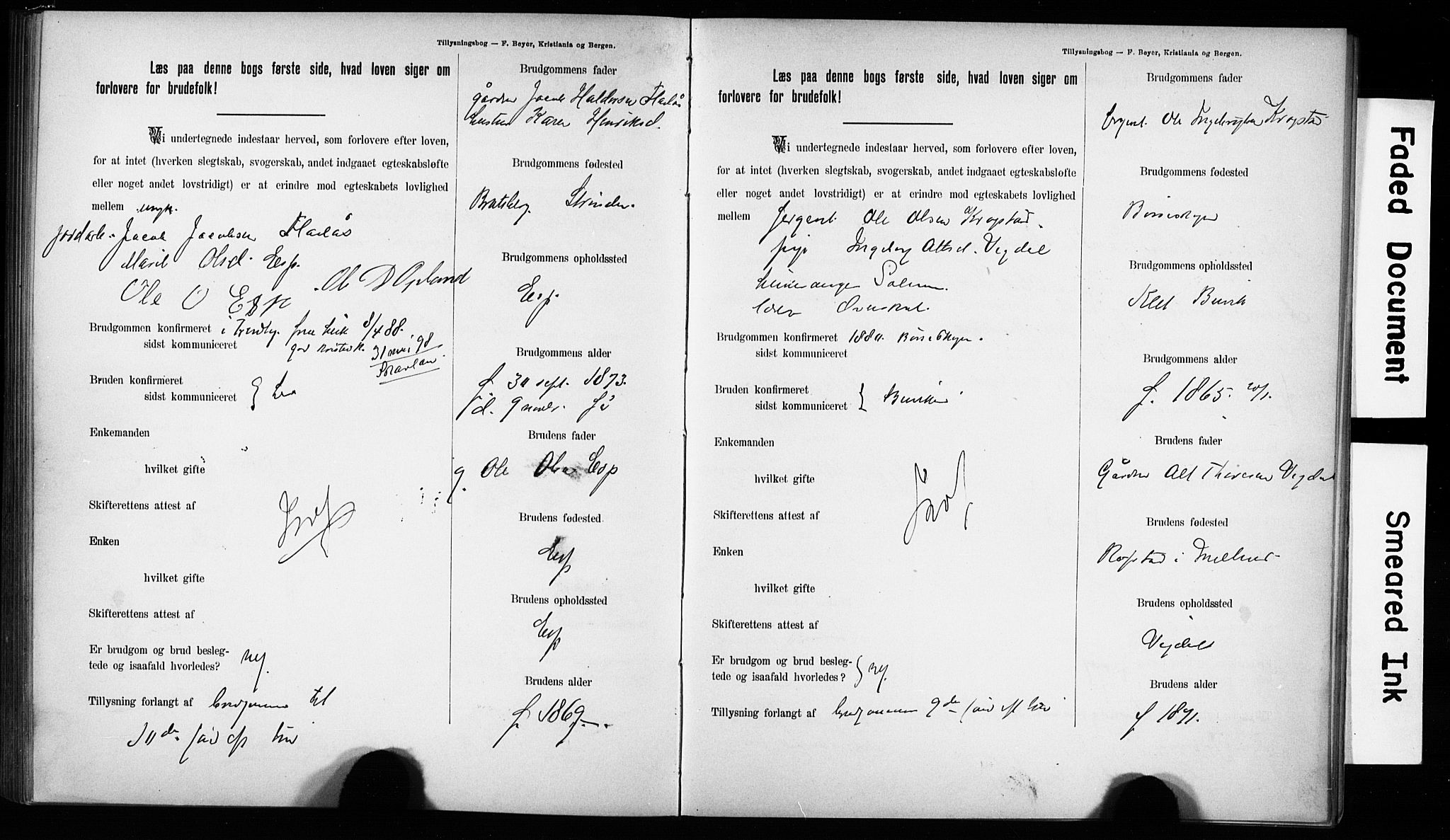 Hurum kirkebøker, AV/SAKO-A-229/H/Hb/L0001: Best man's statements no. 1, 1890-1899