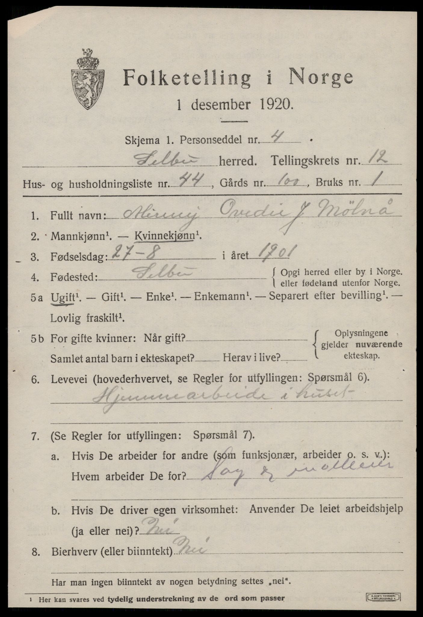 SAT, 1920 census for Selbu, 1920, p. 7006