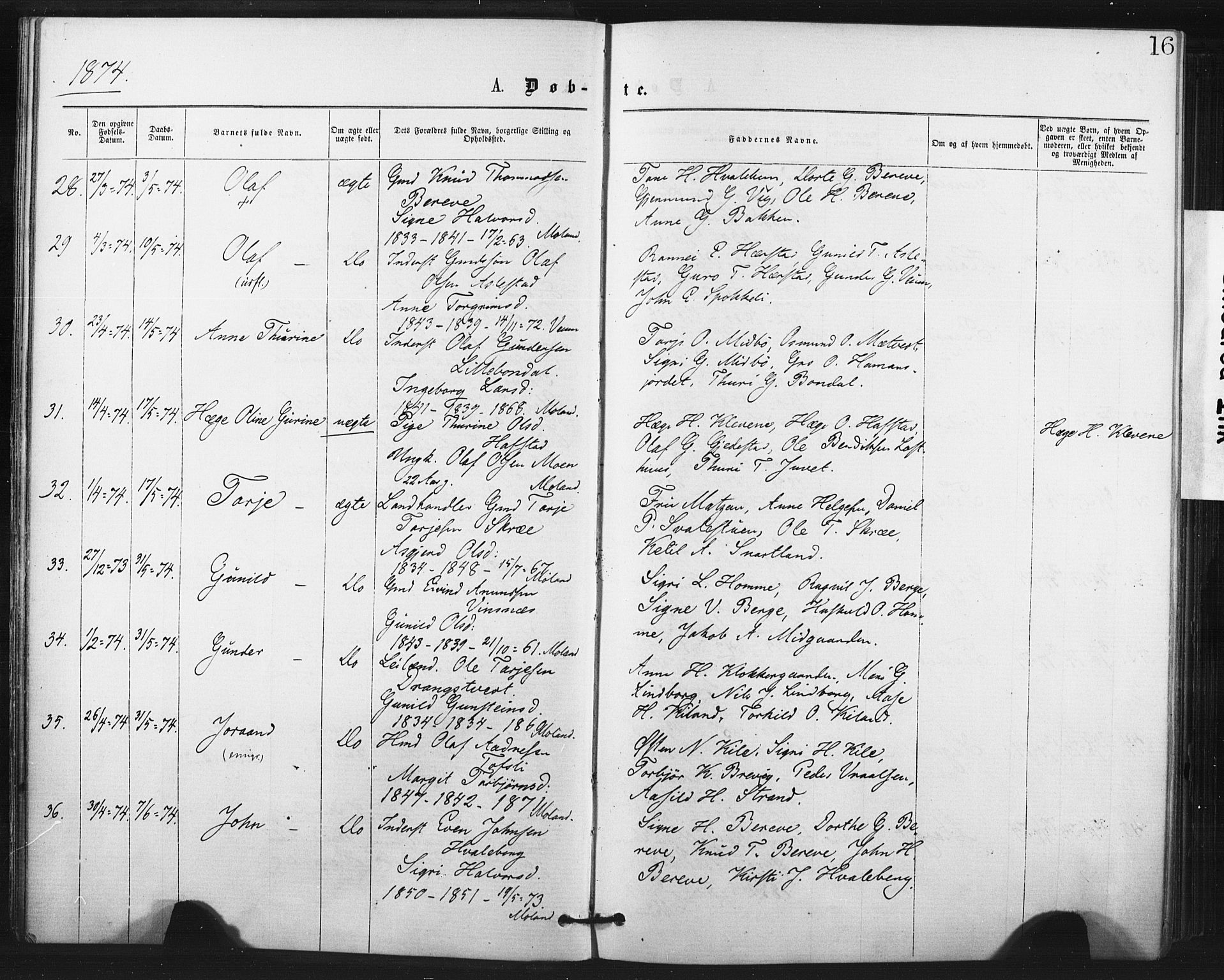 Fyresdal kirkebøker, AV/SAKO-A-263/F/Fa/L0006: Parish register (official) no. I 6, 1872-1886, p. 16