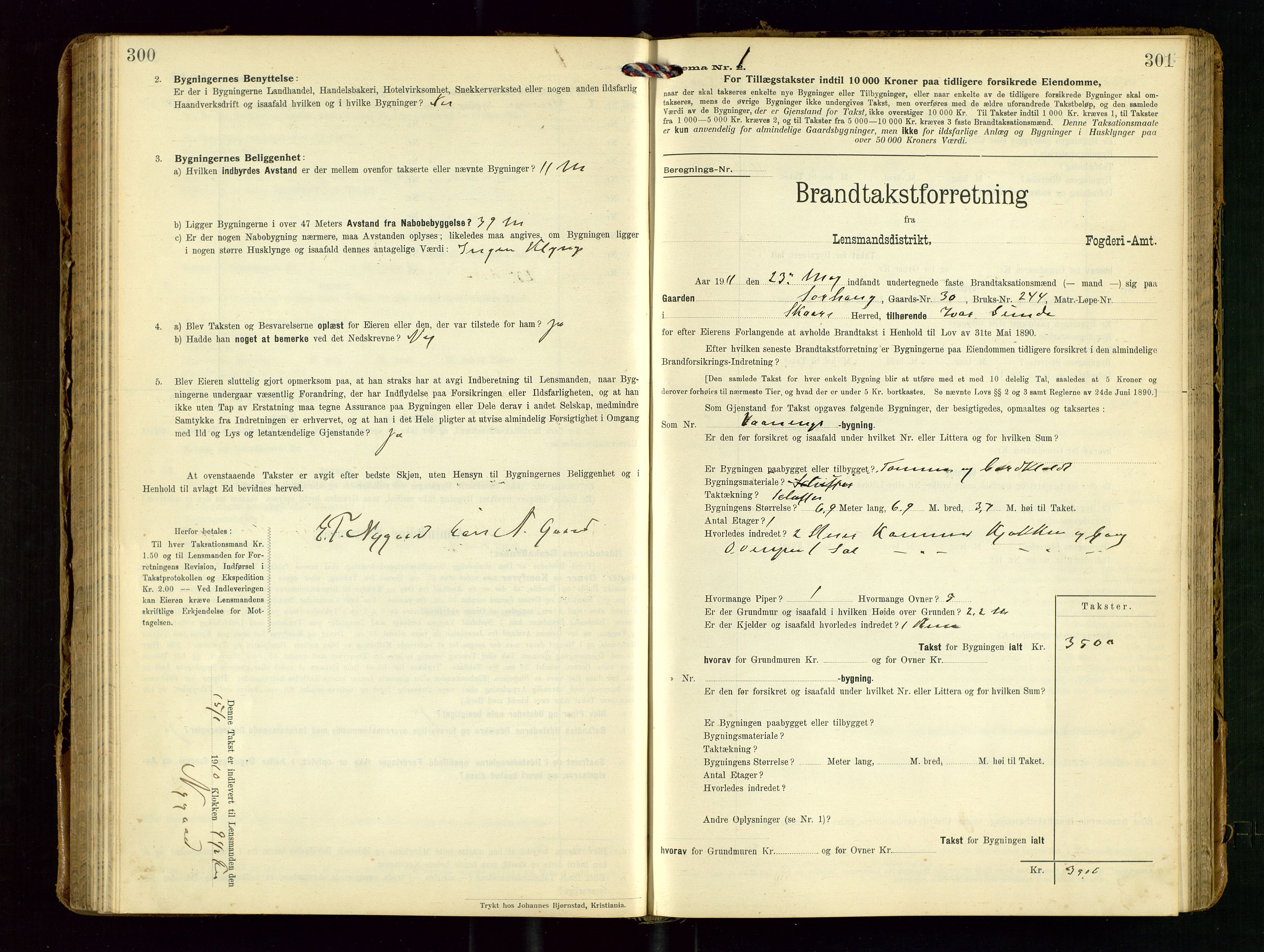 Torvestad lensmannskontor, SAST/A-100307/1/Gob/L0004: "Brandtaxationsprotokol for Torvestad Lensmannsdistrikt", 1909-1923, p. 300-301