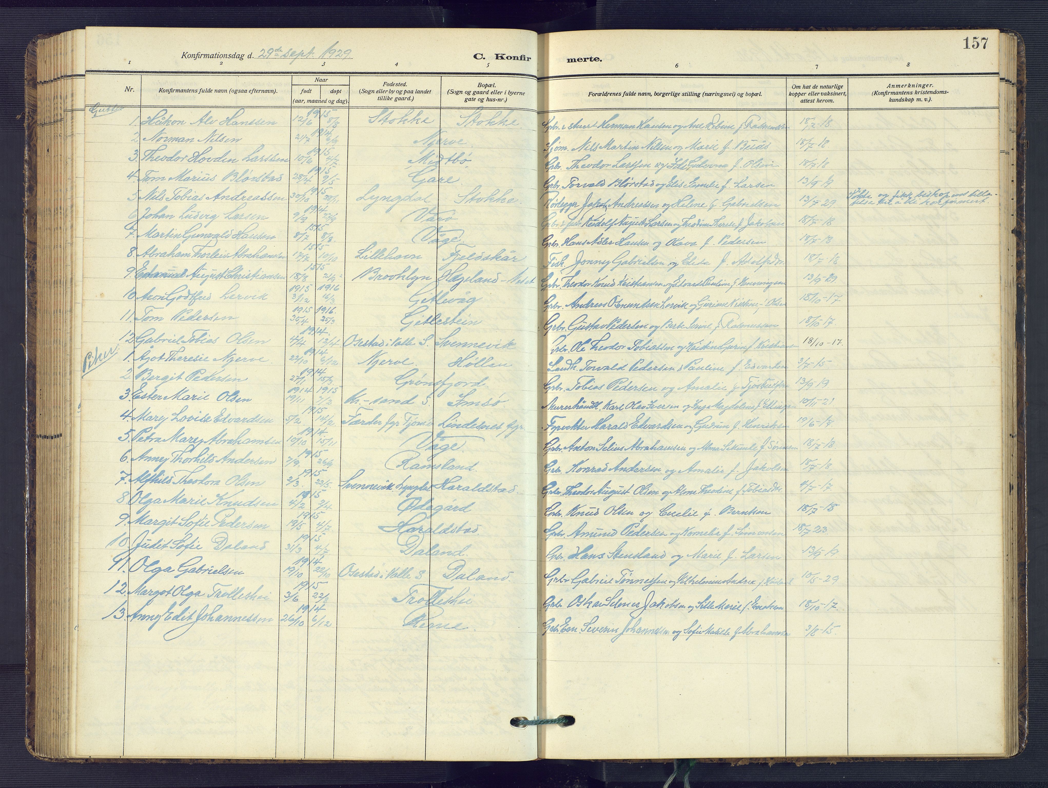 Sør-Audnedal sokneprestkontor, AV/SAK-1111-0039/F/Fb/Fba/L0005: Parish register (copy) no. B 5, 1908-1963, p. 157