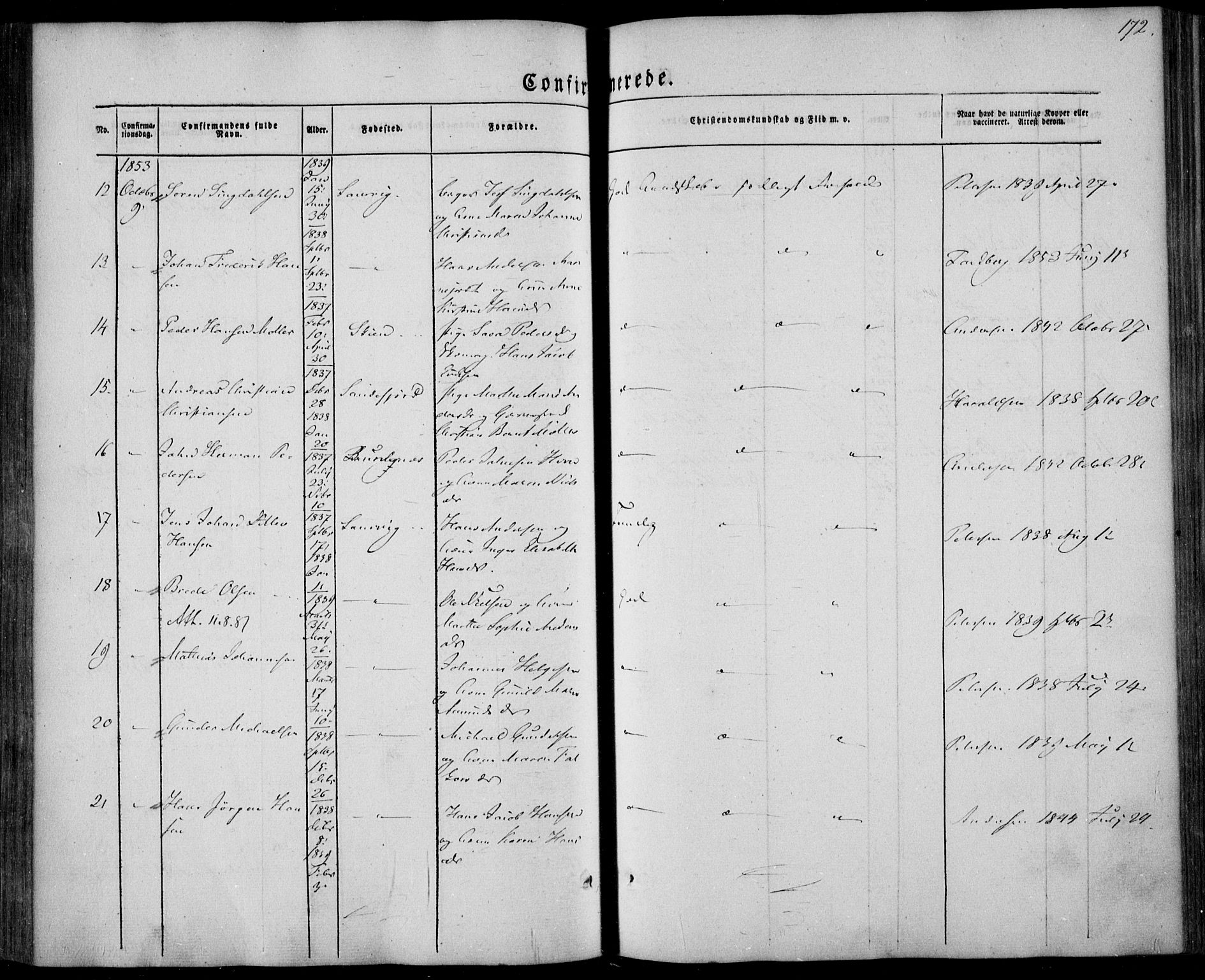 Larvik kirkebøker, AV/SAKO-A-352/F/Fa/L0003: Parish register (official) no. I 3, 1848-1856, p. 172