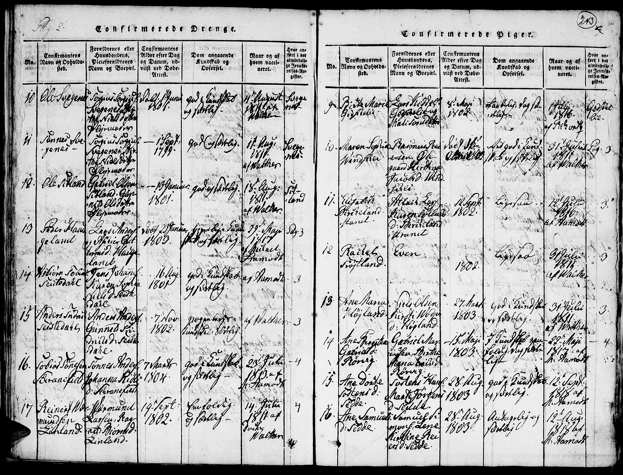 Kvinesdal sokneprestkontor, SAK/1111-0026/F/Fa/Faa/L0001: Parish register (official) no. A 1, 1815-1849, p. 243