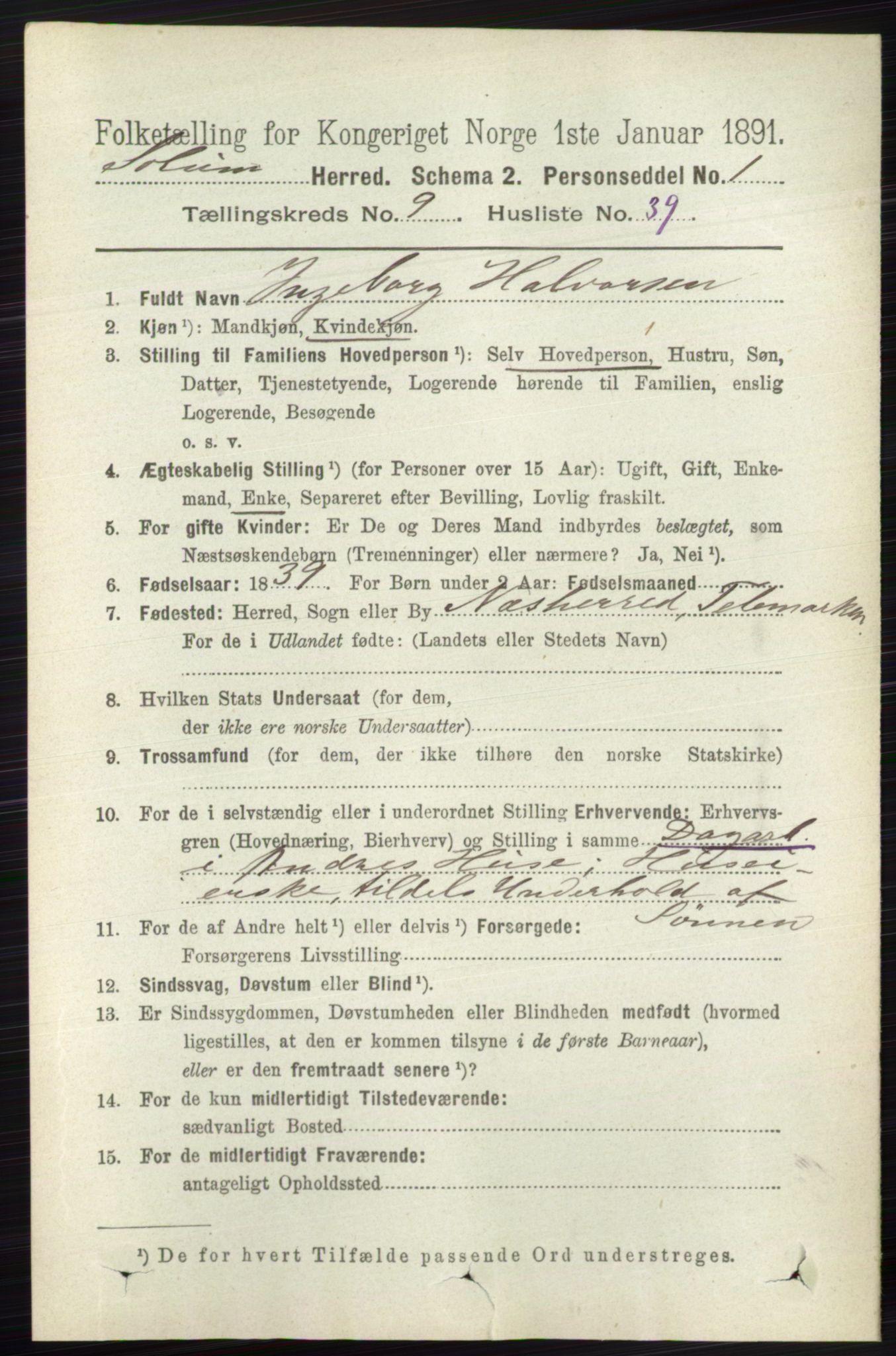 RA, 1891 census for 0818 Solum, 1891, p. 2180