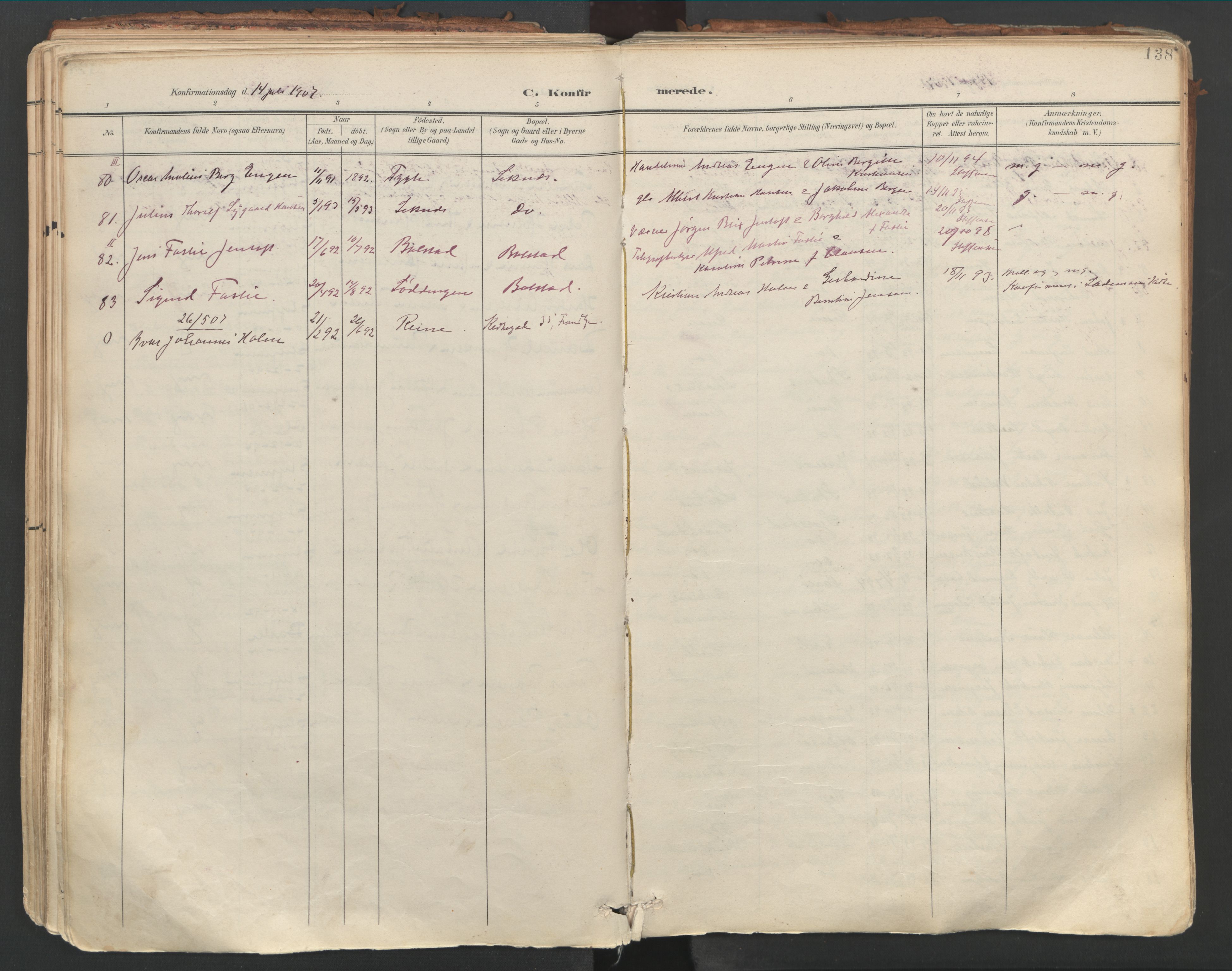 Ministerialprotokoller, klokkerbøker og fødselsregistre - Nordland, AV/SAT-A-1459/881/L1154: Parish register (official) no. 881A07, 1907-1918, p. 138