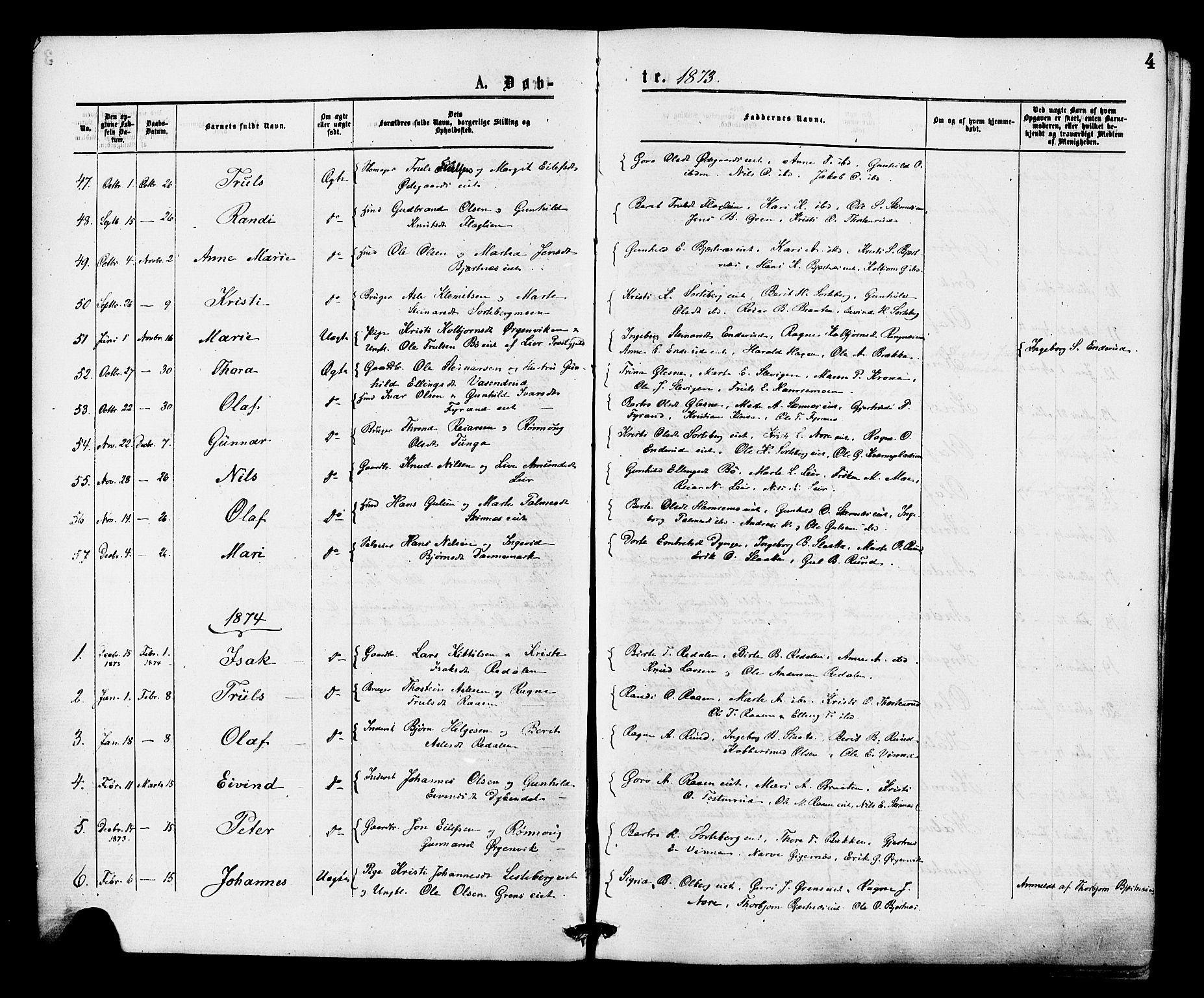 Krødsherad kirkebøker, SAKO/A-19/F/Fa/L0004: Parish register (official) no. 4, 1873-1878, p. 4