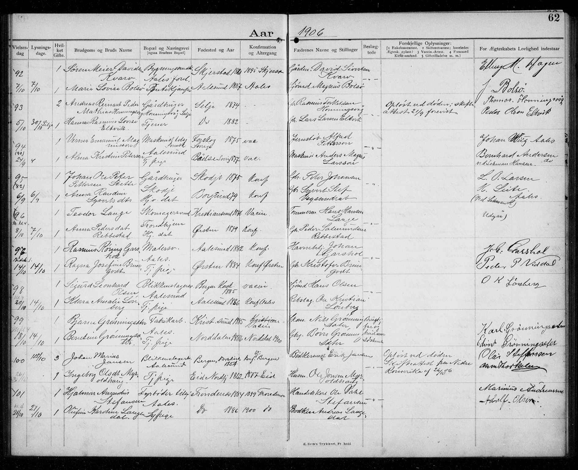 Ministerialprotokoller, klokkerbøker og fødselsregistre - Møre og Romsdal, AV/SAT-A-1454/529/L0458: Banns register no. 529A08, 1901-1918, p. 62