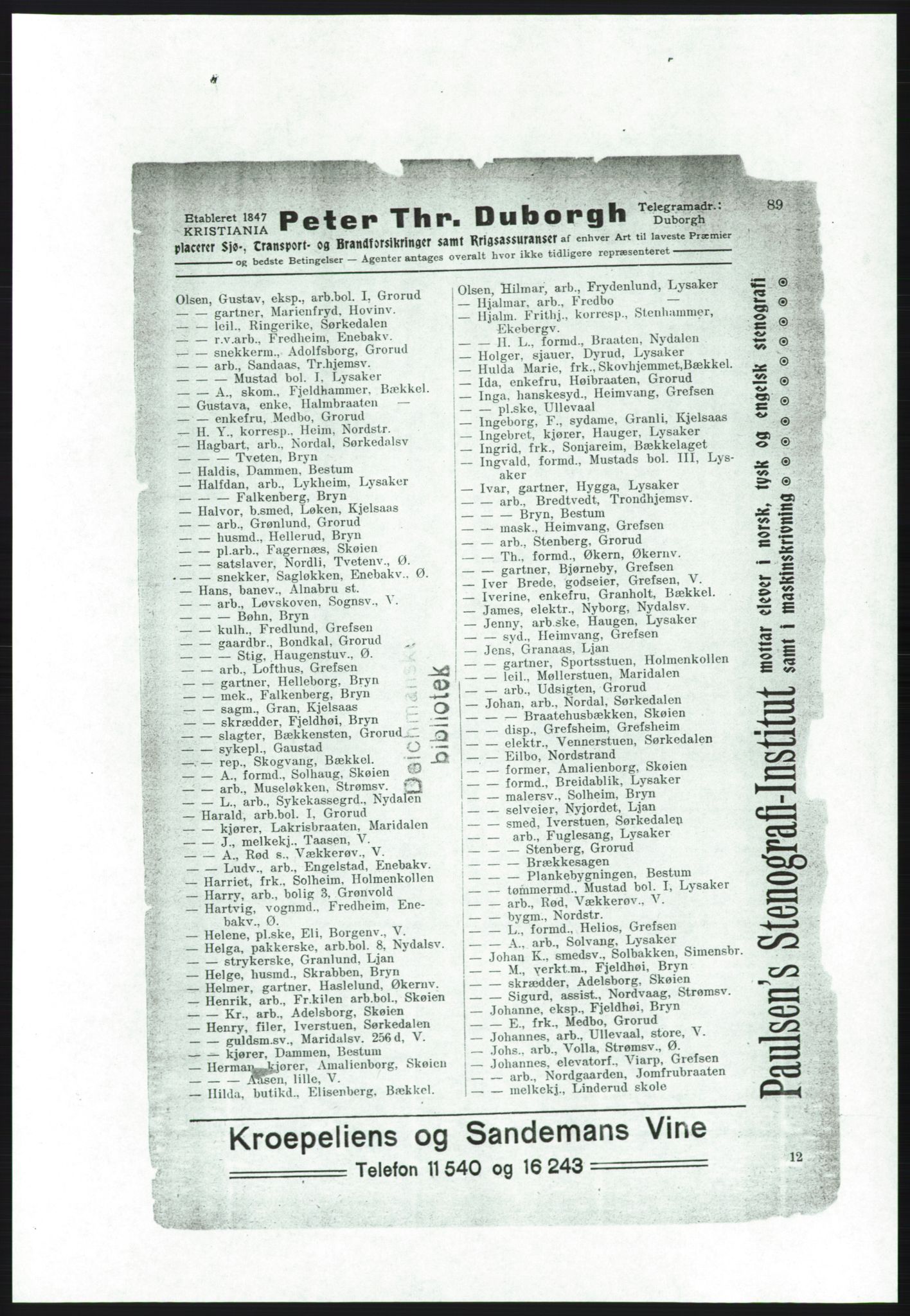 Aker adressebok/adressekalender, PUBL/001/A/001: Akers adressebok, 1916-1917, p. 89