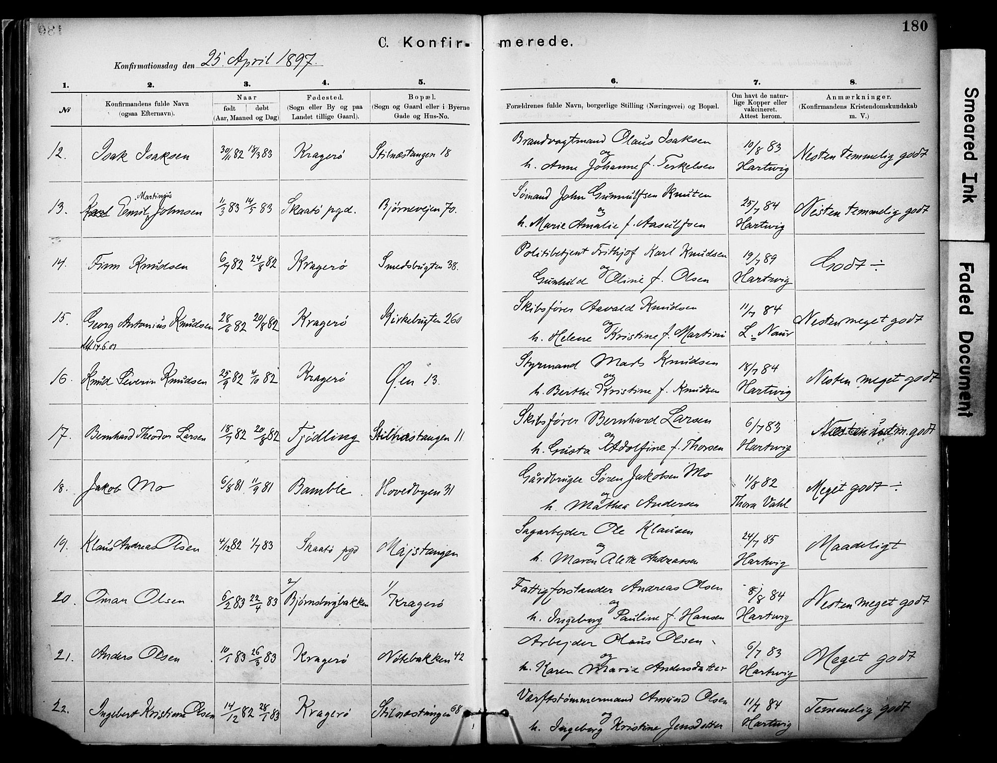 Kragerø kirkebøker, SAKO/A-278/F/Fa/L0012: Parish register (official) no. 12, 1880-1904, p. 180