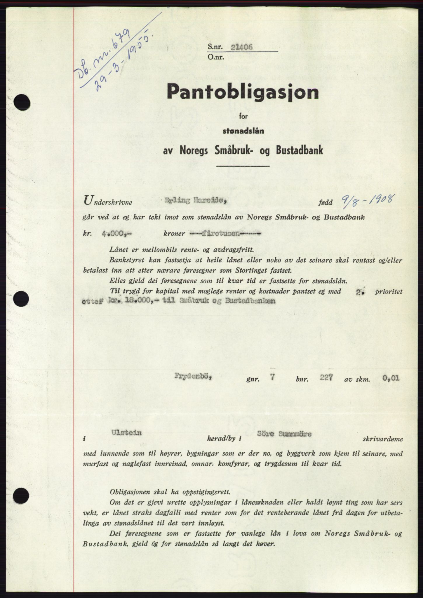 Søre Sunnmøre sorenskriveri, AV/SAT-A-4122/1/2/2C/L0126: Mortgage book no. 14B, 1954-1955, Diary no: : 679/1955