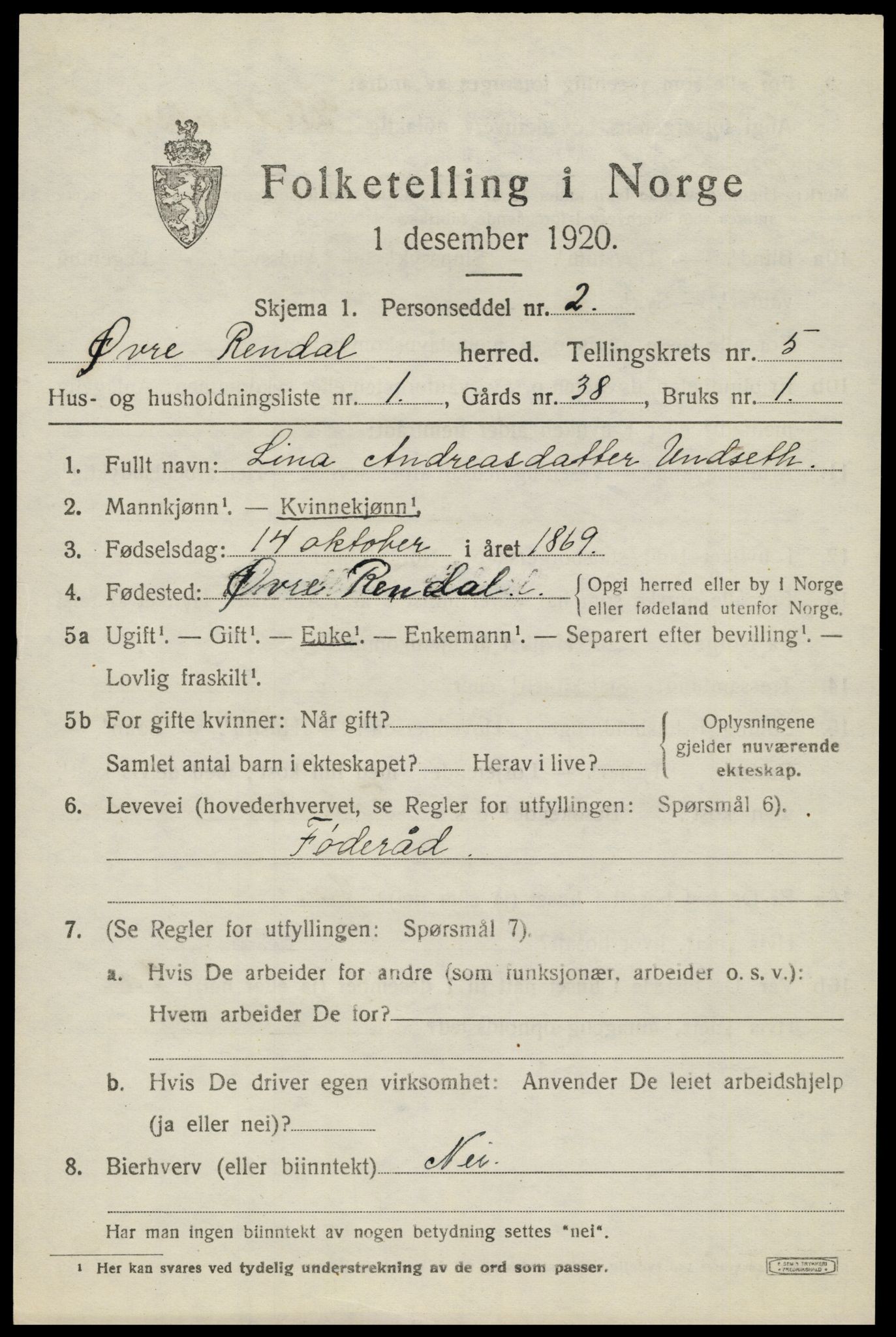 SAH, 1920 census for Øvre Rendal, 1920, p. 2049