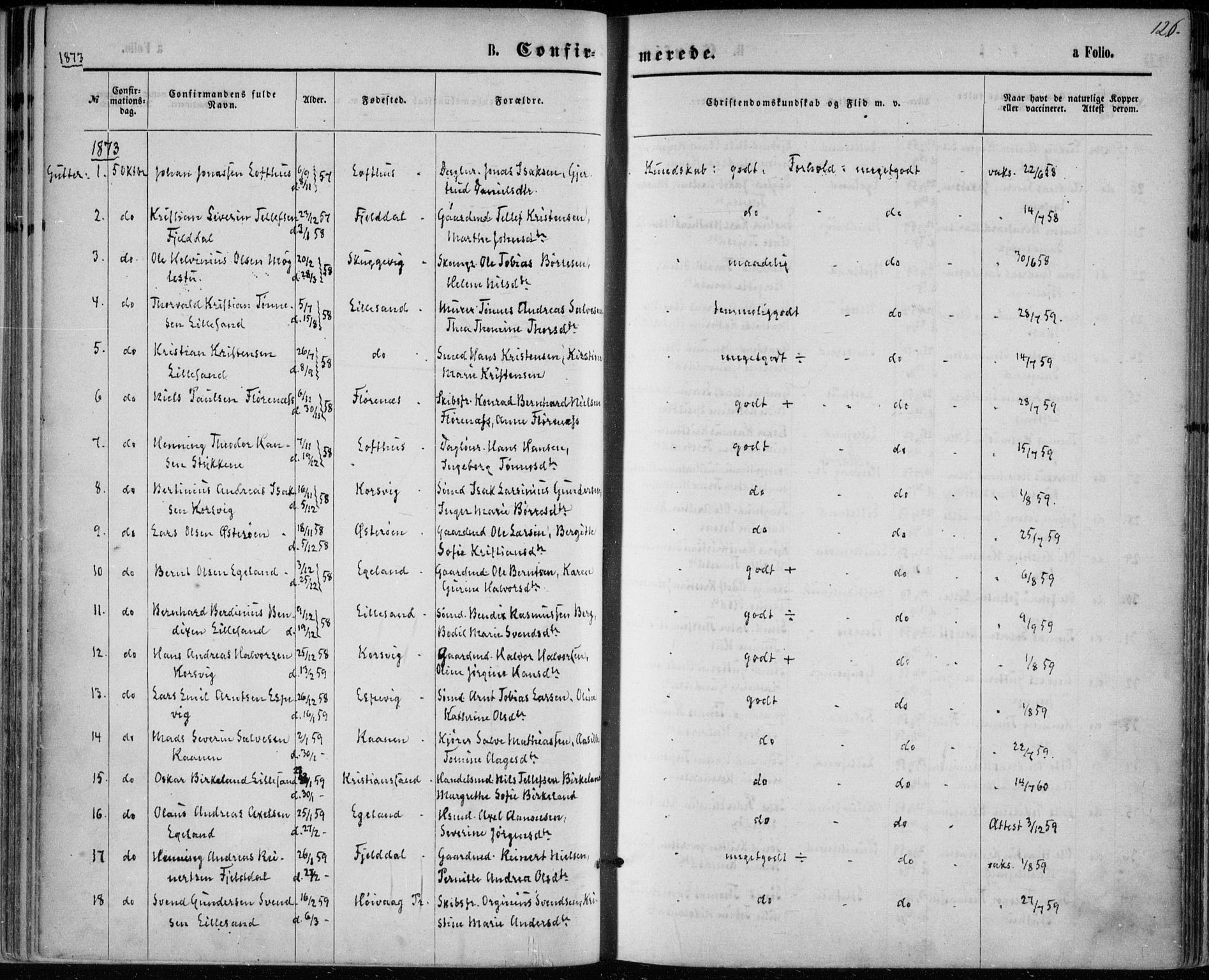 Vestre Moland sokneprestkontor, SAK/1111-0046/F/Fa/Fab/L0008: Parish register (official) no. A 8, 1873-1883, p. 126