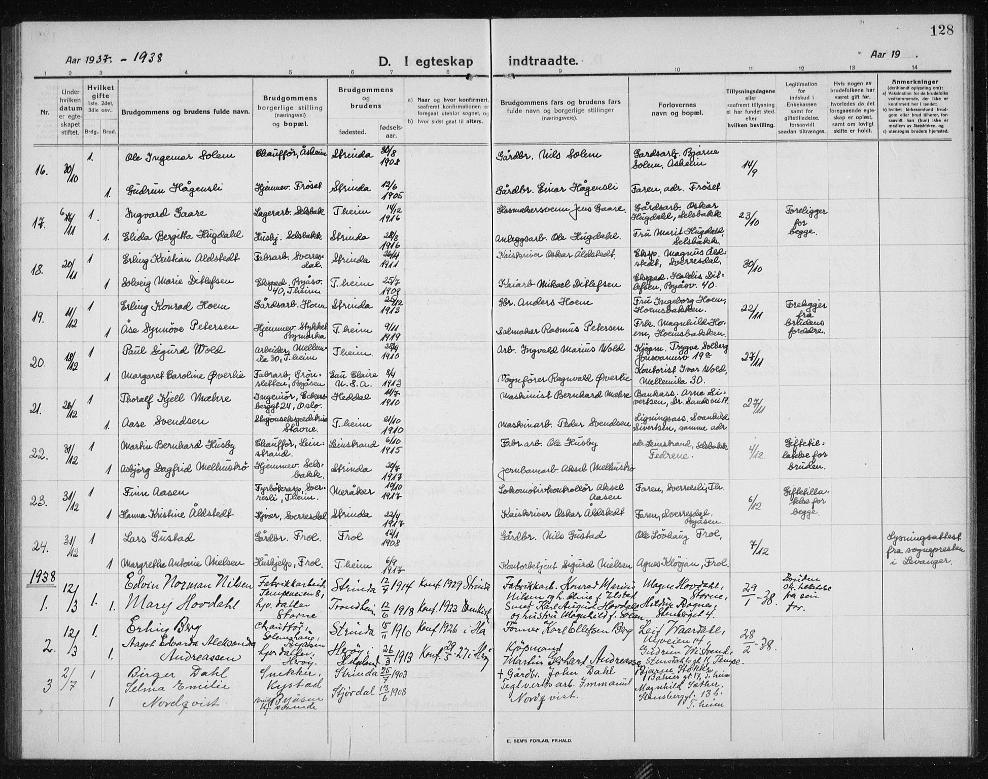 Ministerialprotokoller, klokkerbøker og fødselsregistre - Sør-Trøndelag, SAT/A-1456/611/L0356: Parish register (copy) no. 611C04, 1914-1938, p. 128