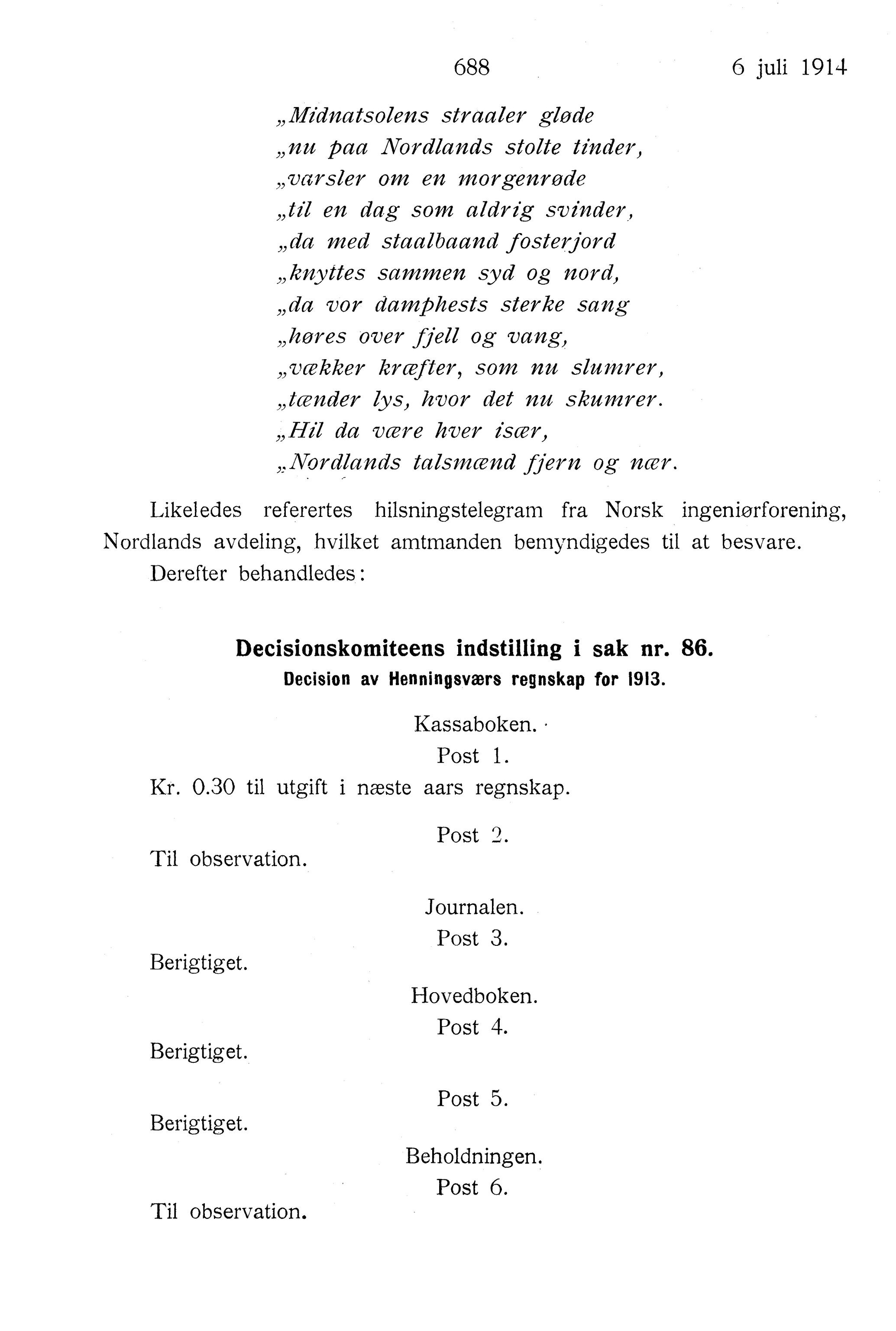 Nordland Fylkeskommune. Fylkestinget, AIN/NFK-17/176/A/Ac/L0037: Fylkestingsforhandlinger 1914, 1914