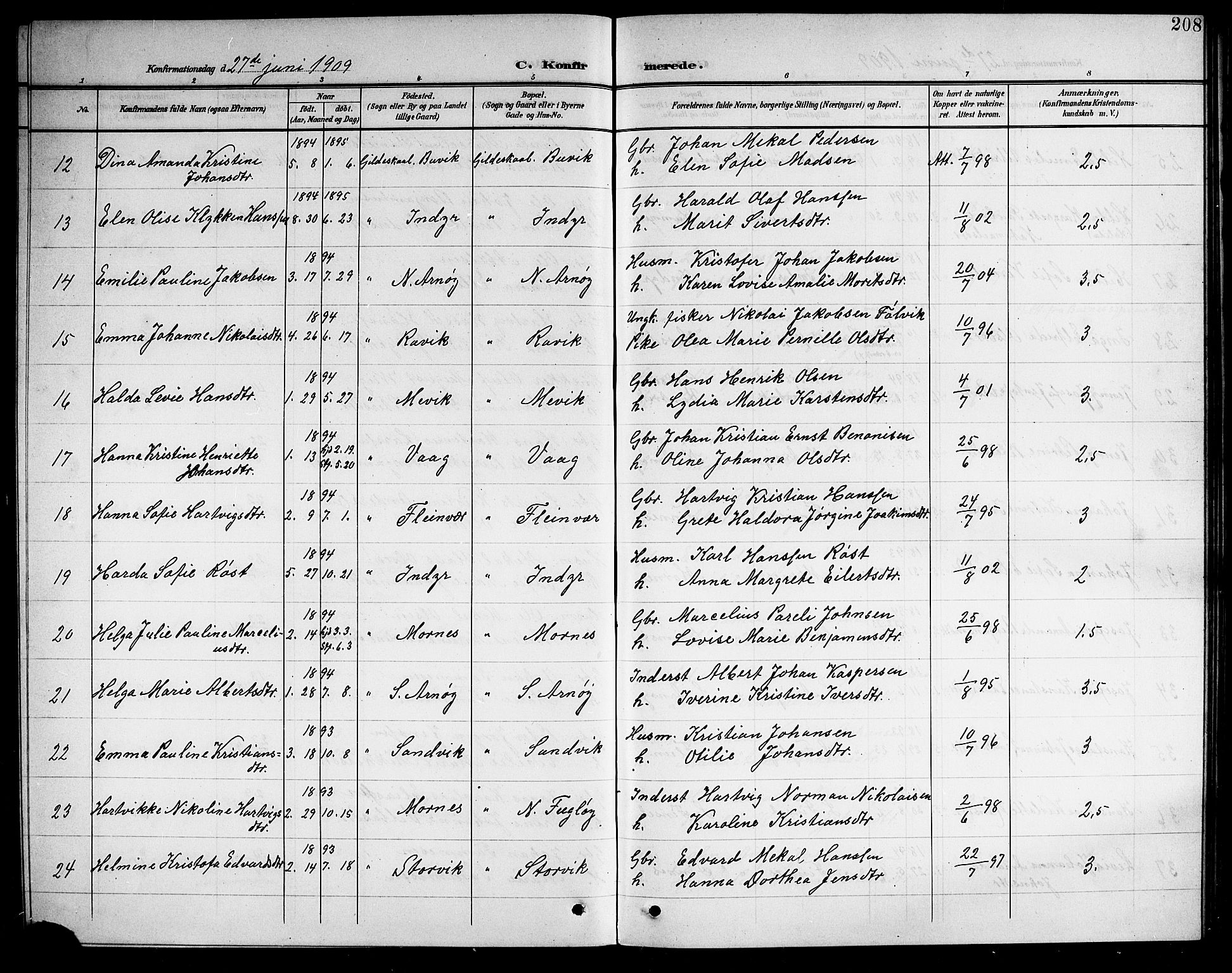 Ministerialprotokoller, klokkerbøker og fødselsregistre - Nordland, AV/SAT-A-1459/805/L0109: Parish register (copy) no. 805C05, 1900-1911, p. 208