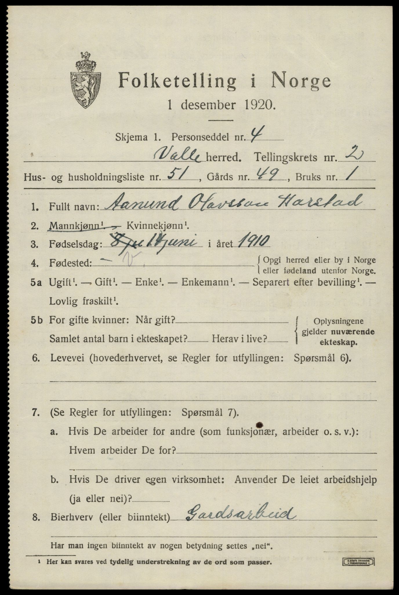 SAK, 1920 census for Valle, 1920, p. 1535