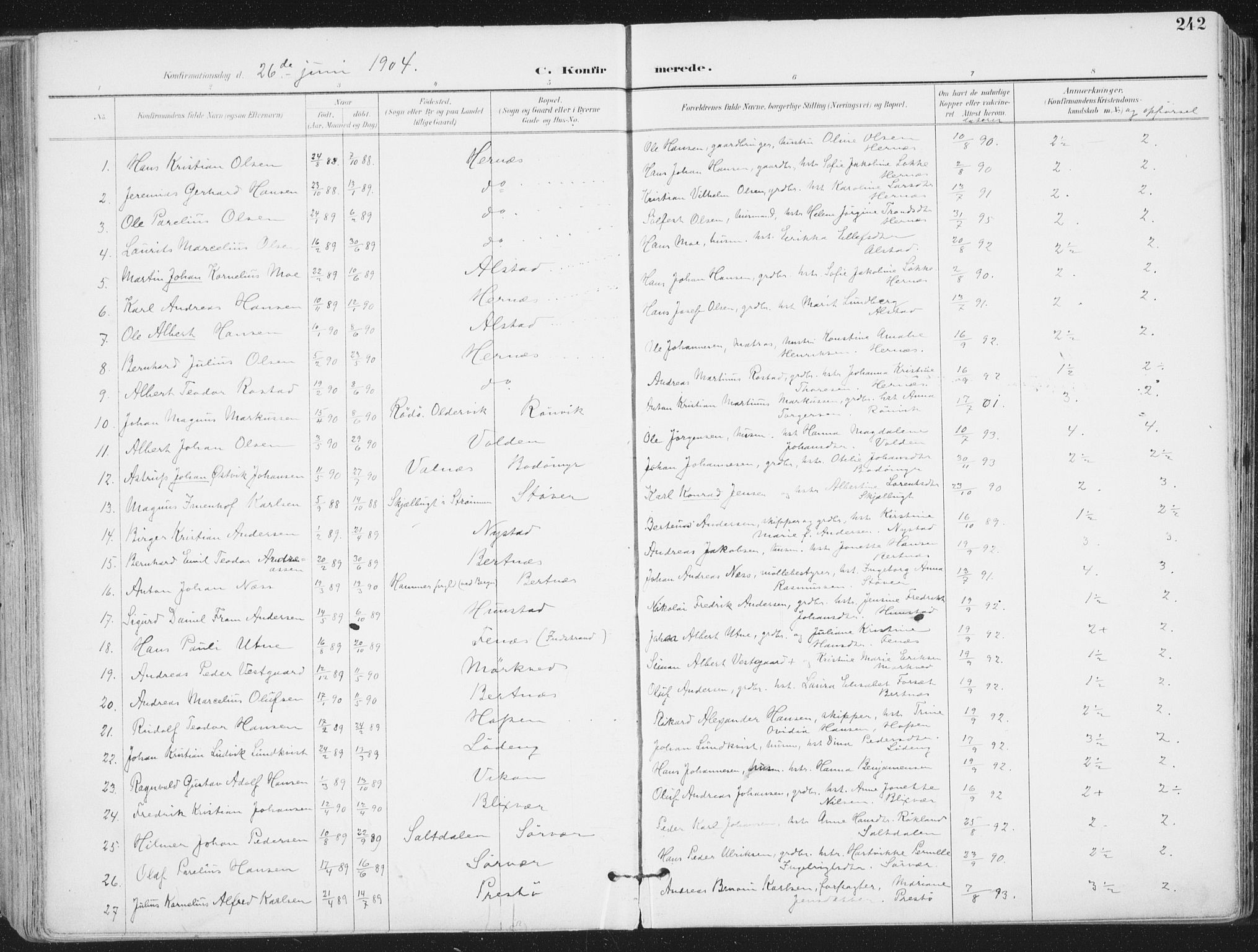 Ministerialprotokoller, klokkerbøker og fødselsregistre - Nordland, SAT/A-1459/802/L0055: Parish register (official) no. 802A02, 1894-1915, p. 242