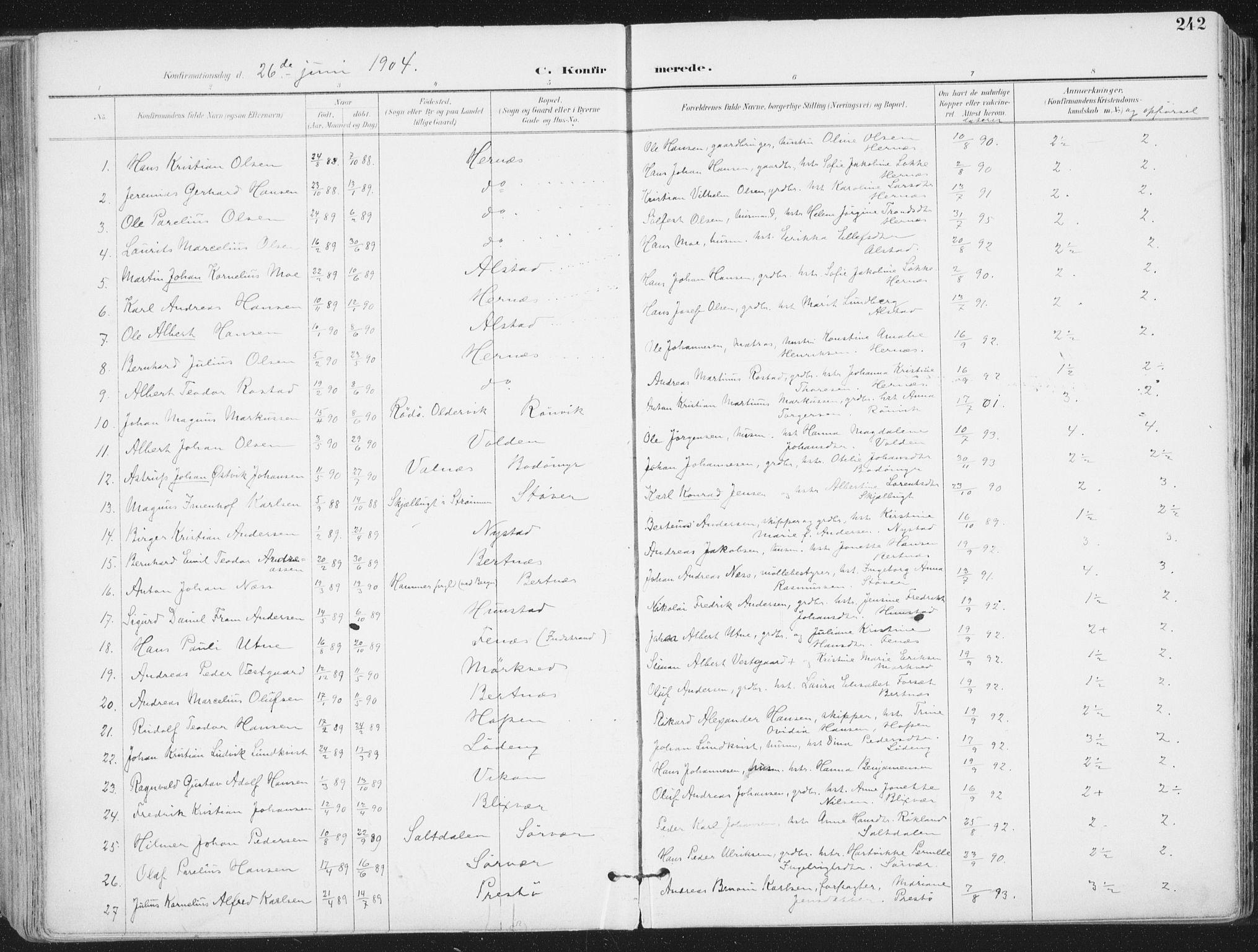 Ministerialprotokoller, klokkerbøker og fødselsregistre - Nordland, AV/SAT-A-1459/802/L0055: Parish register (official) no. 802A02, 1894-1915, p. 242