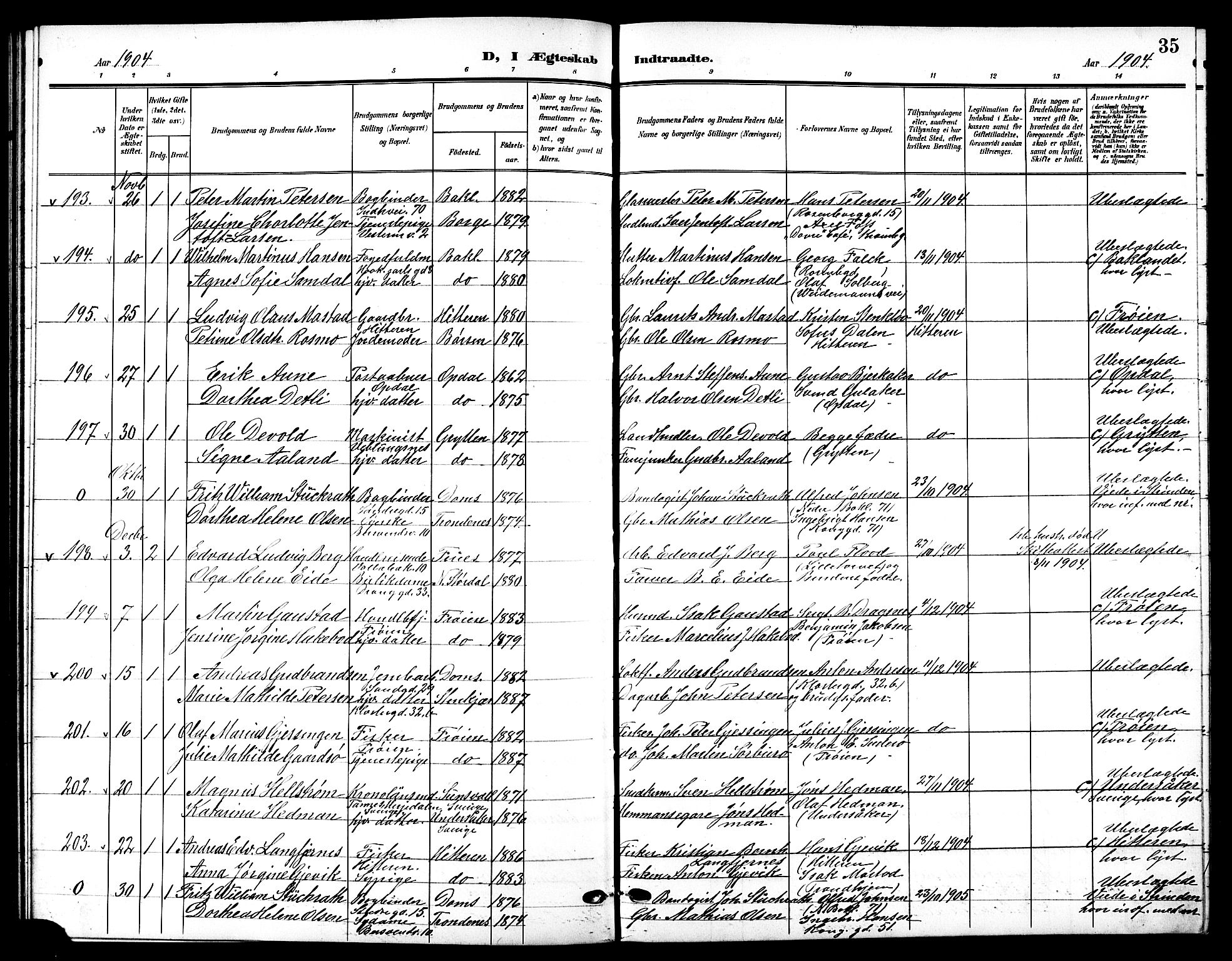 Ministerialprotokoller, klokkerbøker og fødselsregistre - Sør-Trøndelag, SAT/A-1456/601/L0095: Parish register (copy) no. 601C13, 1902-1911, p. 35