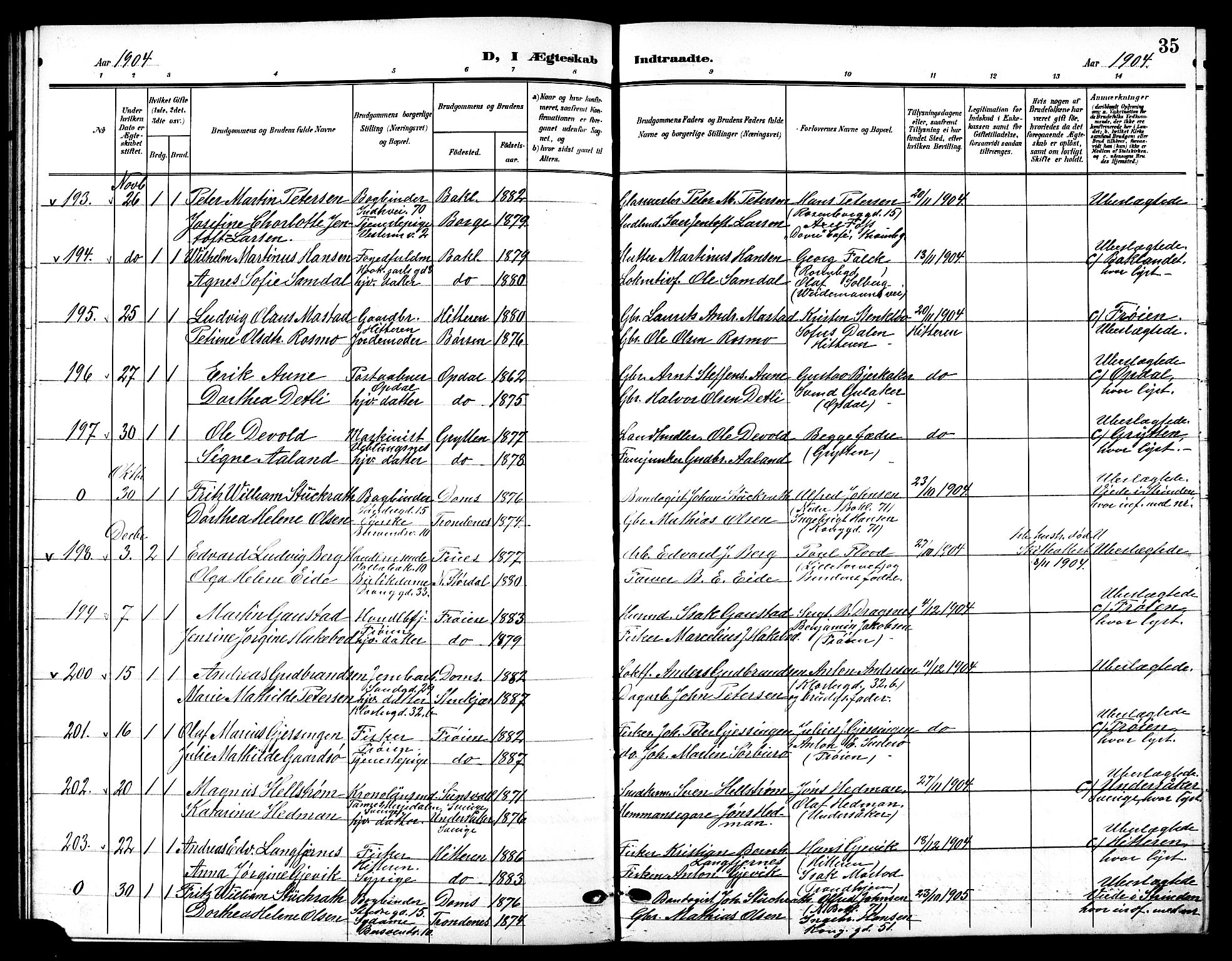 Ministerialprotokoller, klokkerbøker og fødselsregistre - Sør-Trøndelag, AV/SAT-A-1456/601/L0095: Parish register (copy) no. 601C13, 1902-1911, p. 35