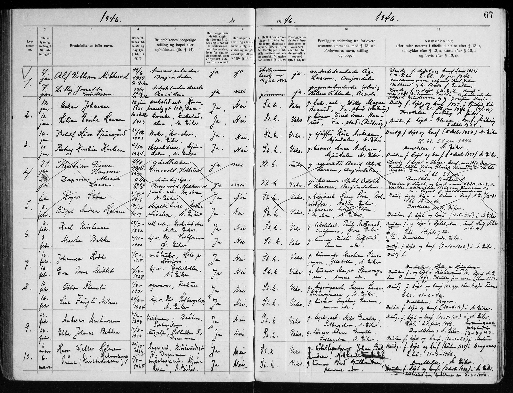 Nedre Eiker kirkebøker, AV/SAKO-A-612/H/Ha/L0002: Banns register no. 2, 1938-1949, p. 67
