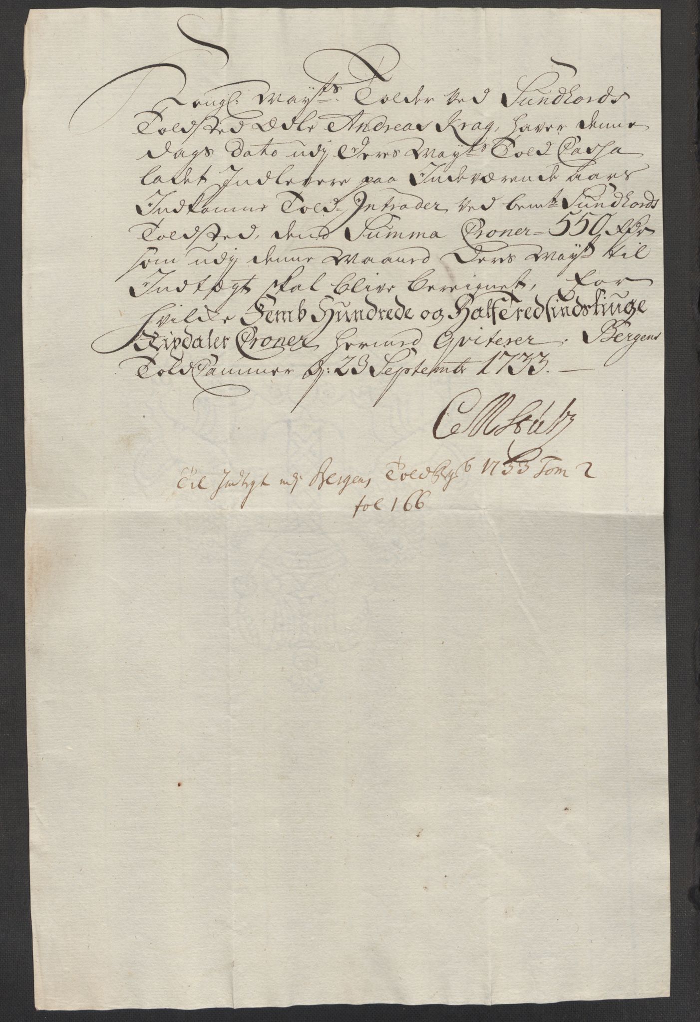 Generaltollkammeret, tollregnskaper, AV/RA-EA-5490/R24/L0009/0001: Tollregnskaper Sunnhordland / Hovedtollbok, 1733