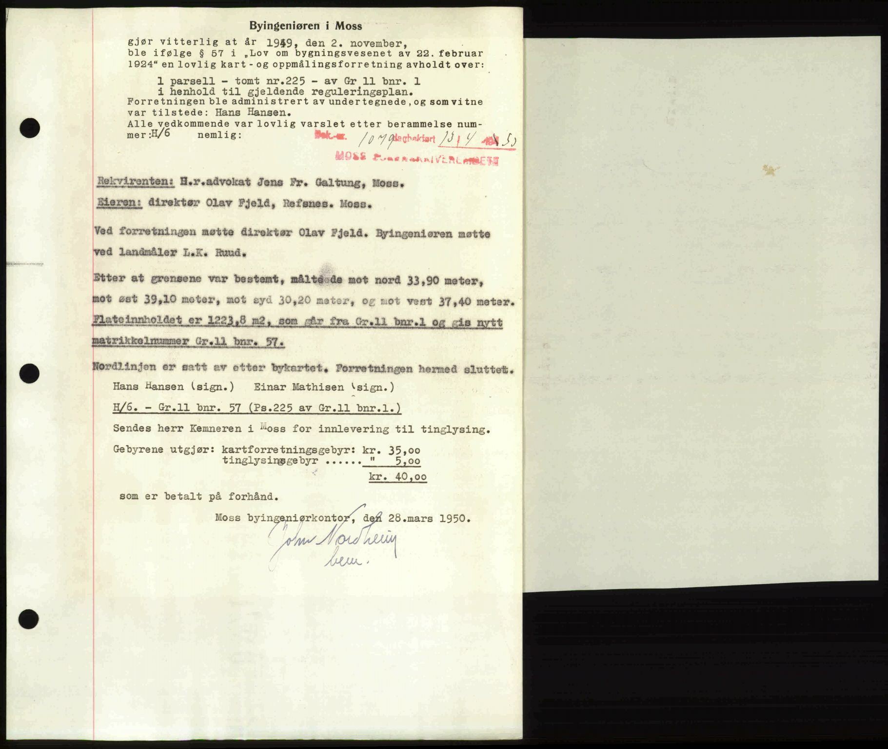 Moss sorenskriveri, SAO/A-10168: Mortgage book no. A25, 1950-1950, Diary no: : 1079/1950