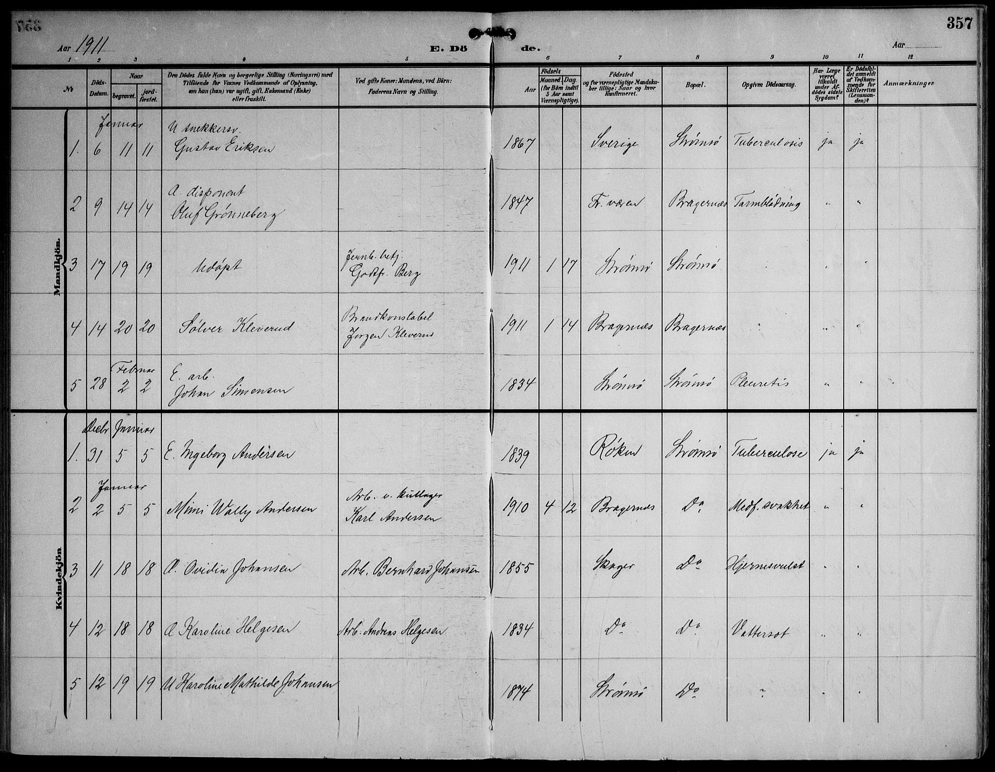 Strømsø kirkebøker, AV/SAKO-A-246/F/Fa/L0026: Parish register (official) no. I 26, 1905-1914, p. 357