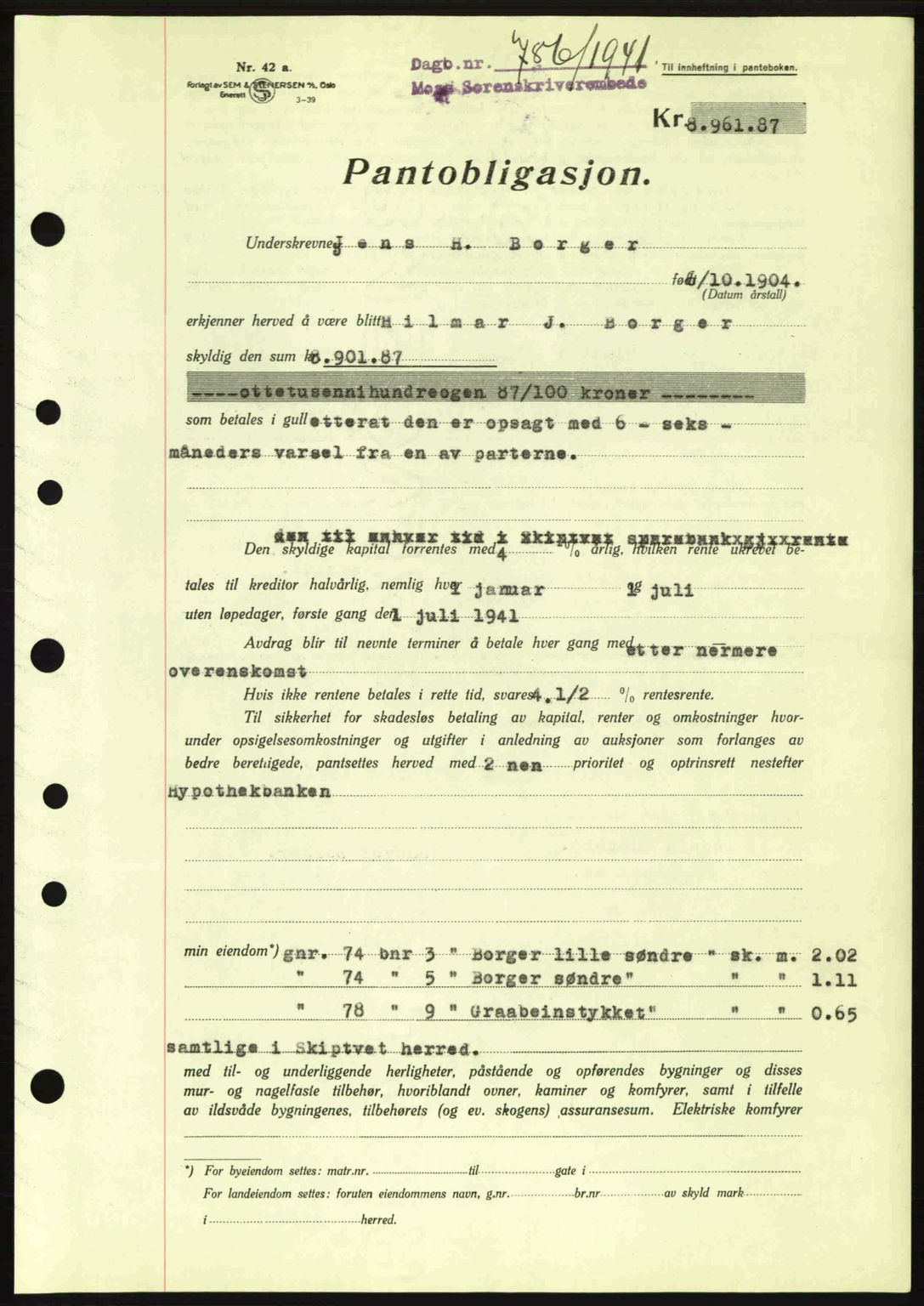 Moss sorenskriveri, SAO/A-10168: Mortgage book no. B10, 1940-1941, Diary no: : 786/1941