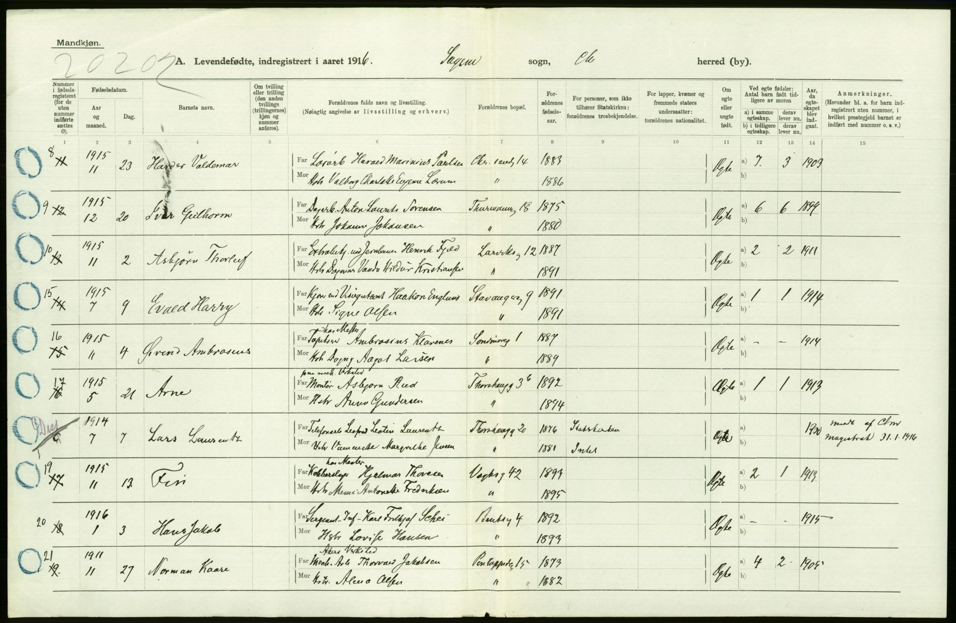 Statistisk sentralbyrå, Sosiodemografiske emner, Befolkning, AV/RA-S-2228/D/Df/Dfb/Dfbf/L0006: Kristiania: Levendefødte menn og kvinner., 1916, p. 222