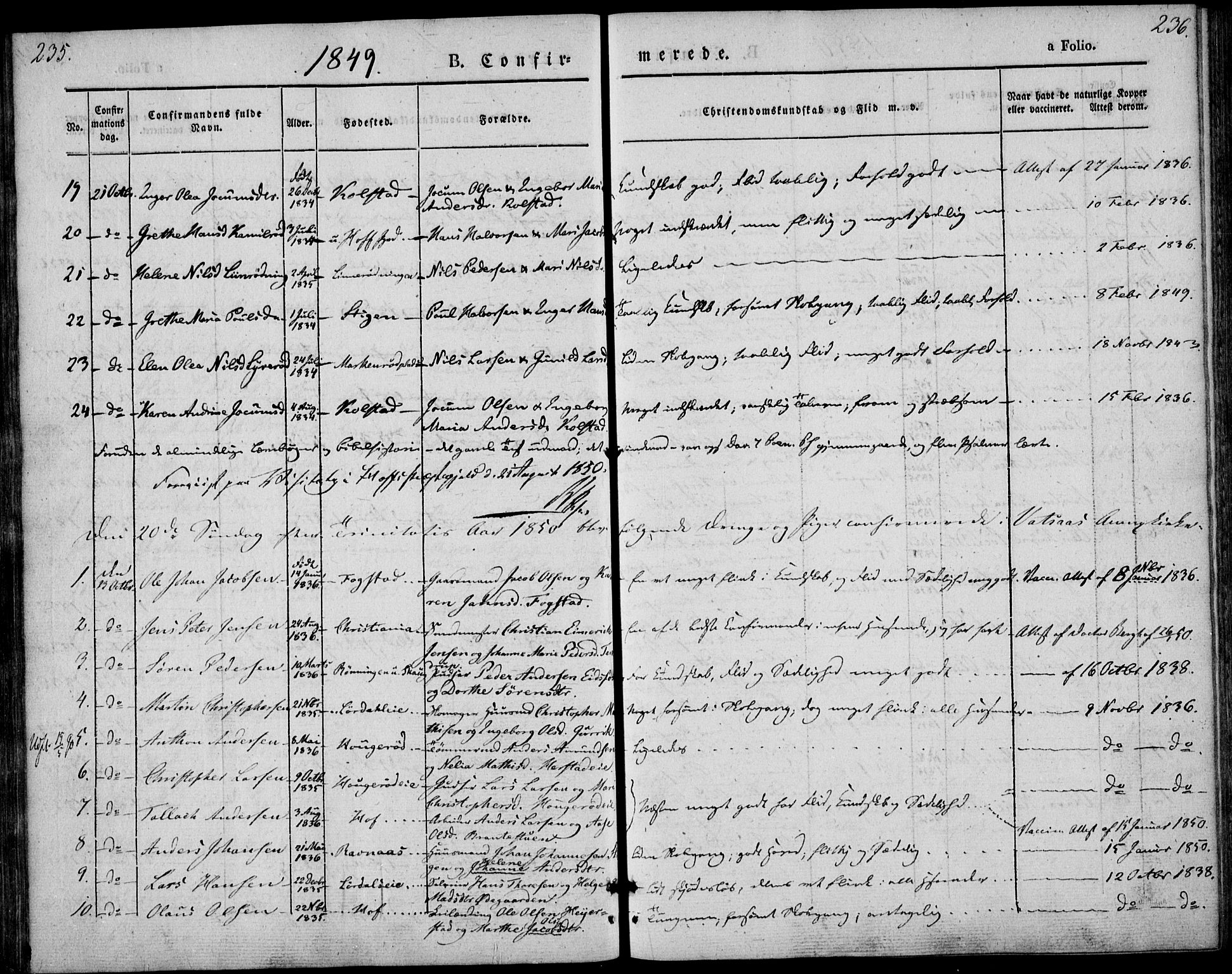 Hof kirkebøker, AV/SAKO-A-64/F/Fa/L0005: Parish register (official) no. I 5, 1844-1851, p. 235-236