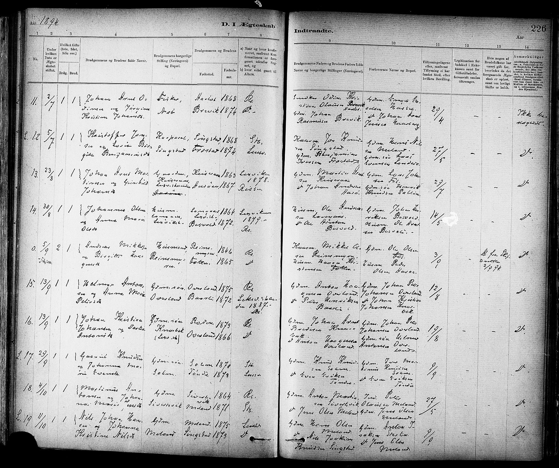 Ministerialprotokoller, klokkerbøker og fødselsregistre - Sør-Trøndelag, SAT/A-1456/647/L0634: Parish register (official) no. 647A01, 1885-1896, p. 226